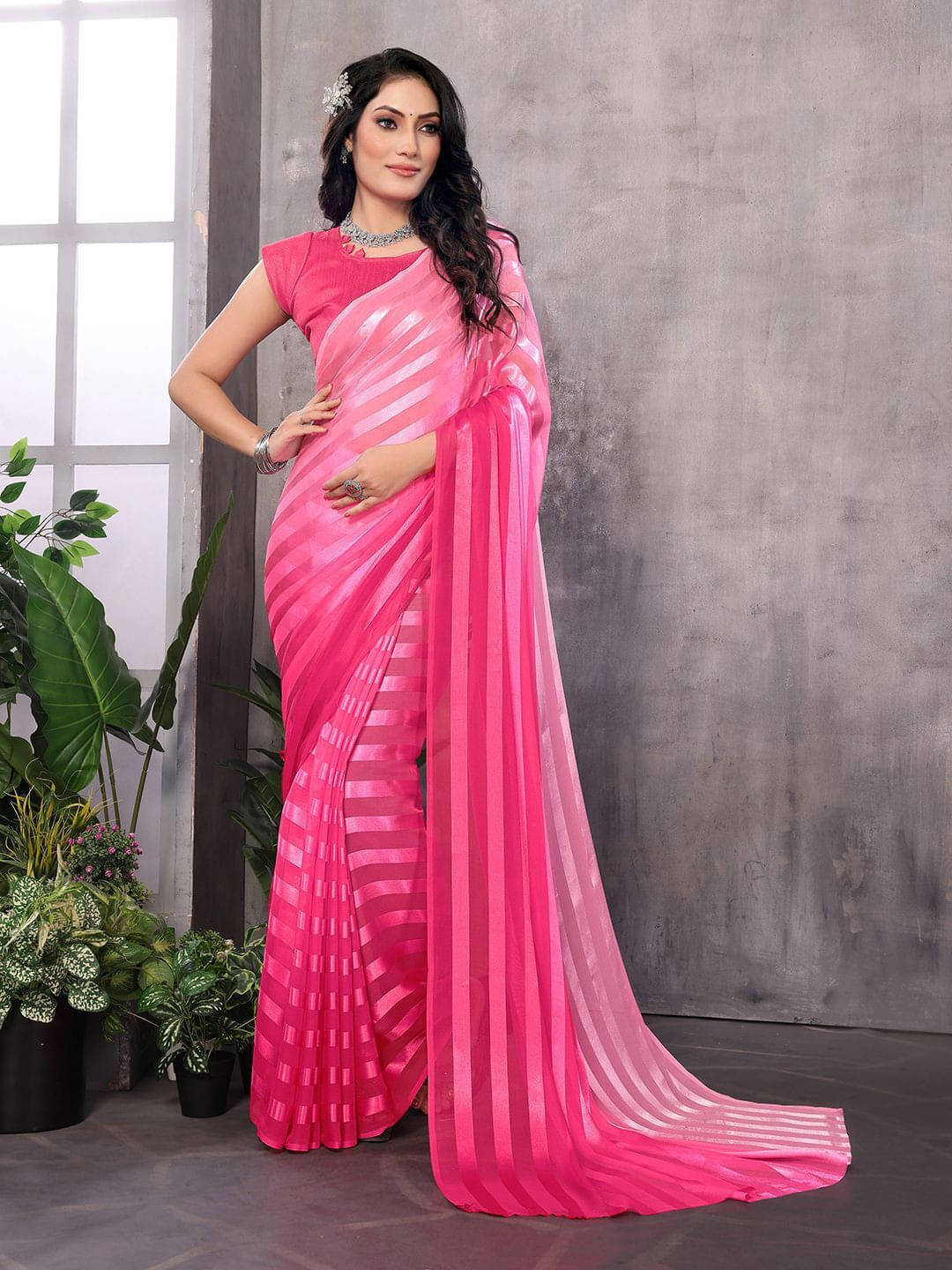 ANAND SAREES Satin Striped Regular Saree With Unstitched Blouse Piece ( Pink ) ANAND SAREES Satin Striped Regular Saree With Unstitched Blouse Piece ( Pink )
