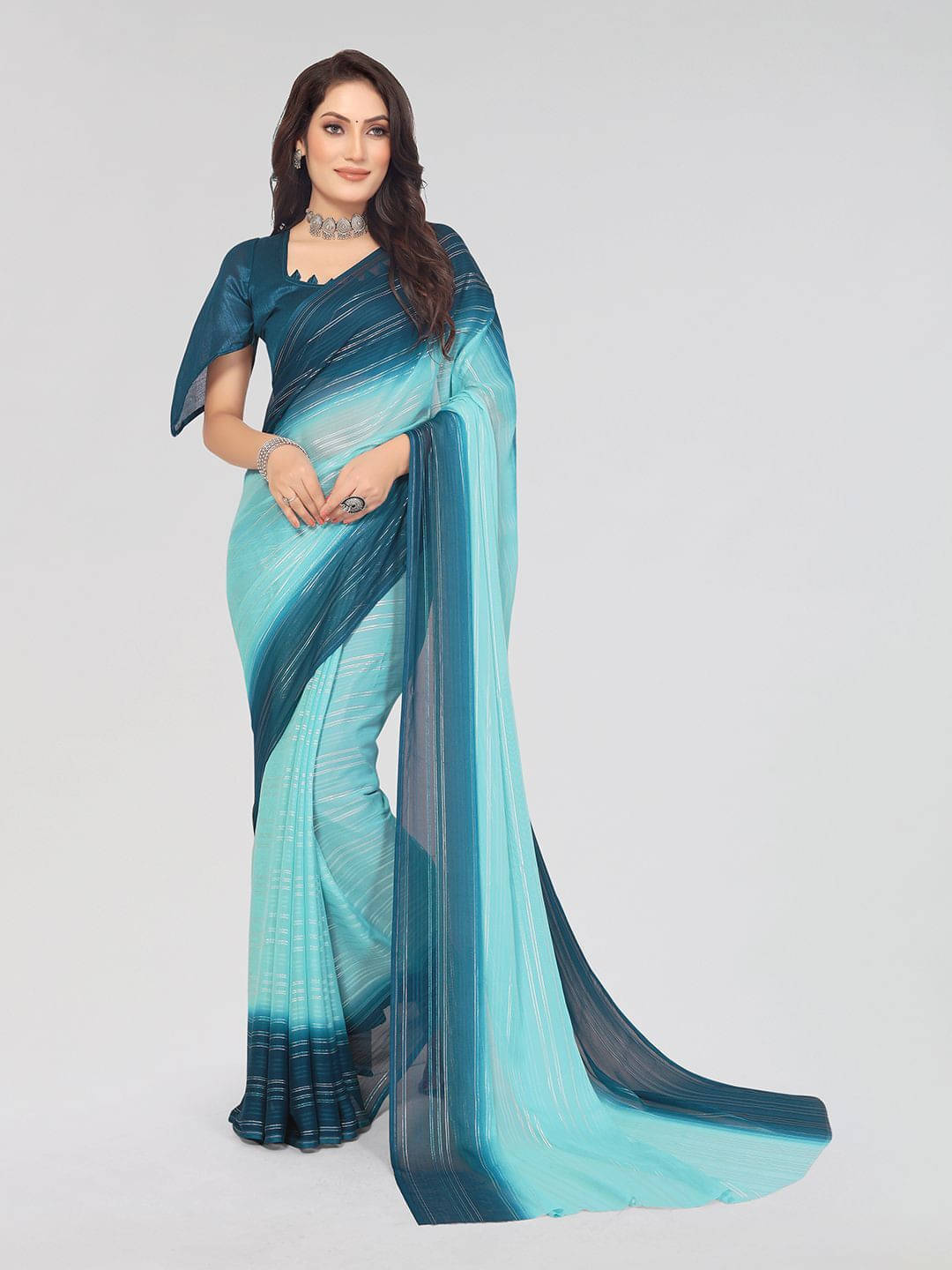 ANAND SAREES Satin Striped Regular Saree With Unstitched Blouse Piece ( Blue ) ANAND SAREES Satin Striped Regular Saree With Unstitched Blouse Piece ( Blue )