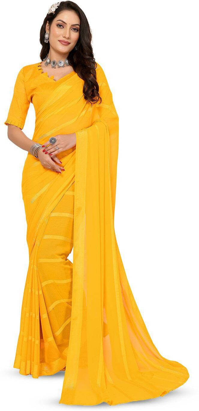     			ANAND SAREES Satin Striped Regular Saree With Unstitched Blouse Piece ( Yellow )