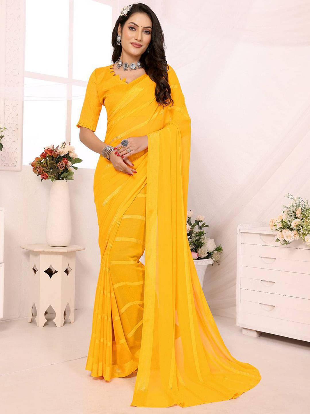     			ANAND SAREES Satin Striped Regular Saree With Unstitched Blouse Piece ( Yellow )