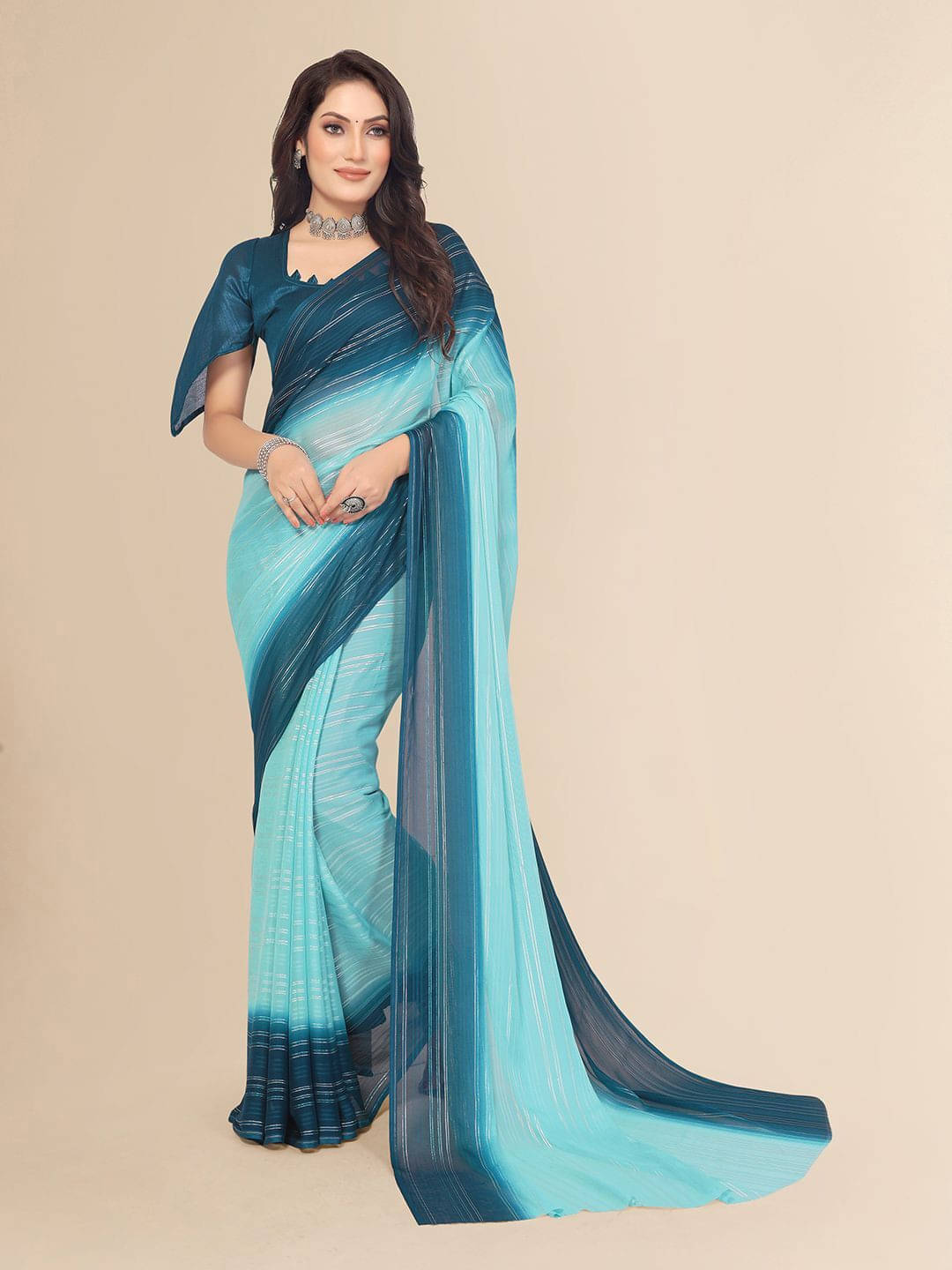 ANAND SAREES Satin Striped Regular Saree With Unstitched Blouse Piece ( Blue ) ANAND SAREES Satin Striped Regular Saree With Unstitched Blouse Piece ( Blue )