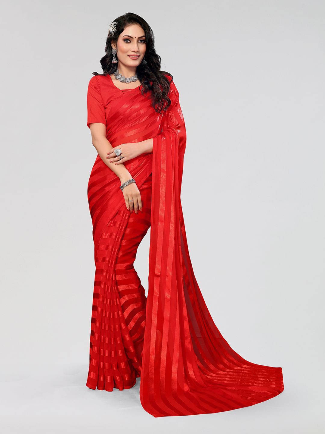     			ANAND SAREES Satin Striped Regular Saree With Unstitched Blouse Piece ( Red )