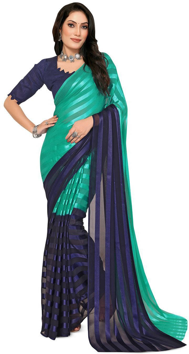 ANAND SAREES Satin Striped Regular Saree With Unstitched Blouse Piece ( Blue ) ANAND SAREES Satin Striped Regular Saree With Unstitched Blouse Piece ( Blue )