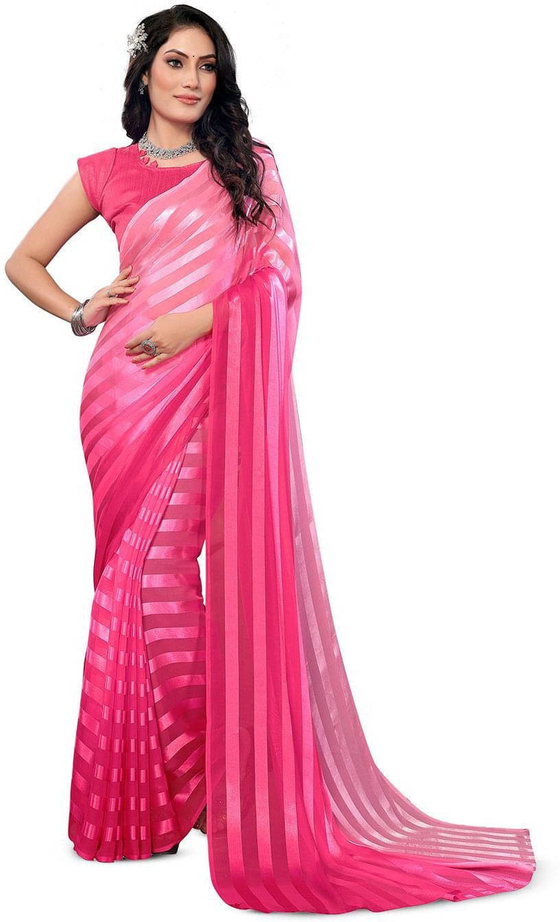 ANAND SAREES Satin Striped Regular Saree With Unstitched Blouse Piece ( Pink ) ANAND SAREES Satin Striped Regular Saree With Unstitched Blouse Piece ( Pink )