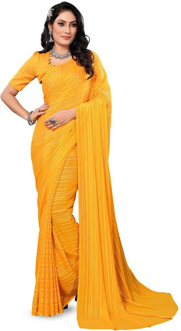     			ANAND SAREES Satin Striped Regular Saree With Unstitched Blouse Piece ( Yellow )