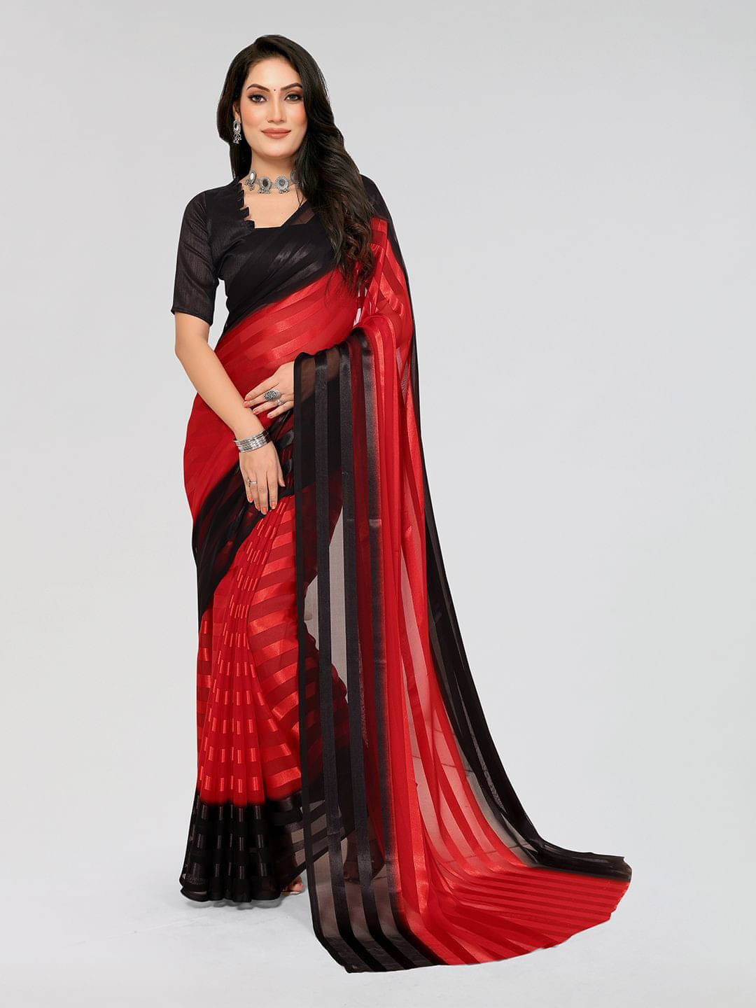 ANAND SAREES Satin Striped Regular Saree With Unstitched Blouse Piece ( Red )     			ANAND SAREES Satin Striped Regular Saree With Unstitched Blouse Piece ( Red )