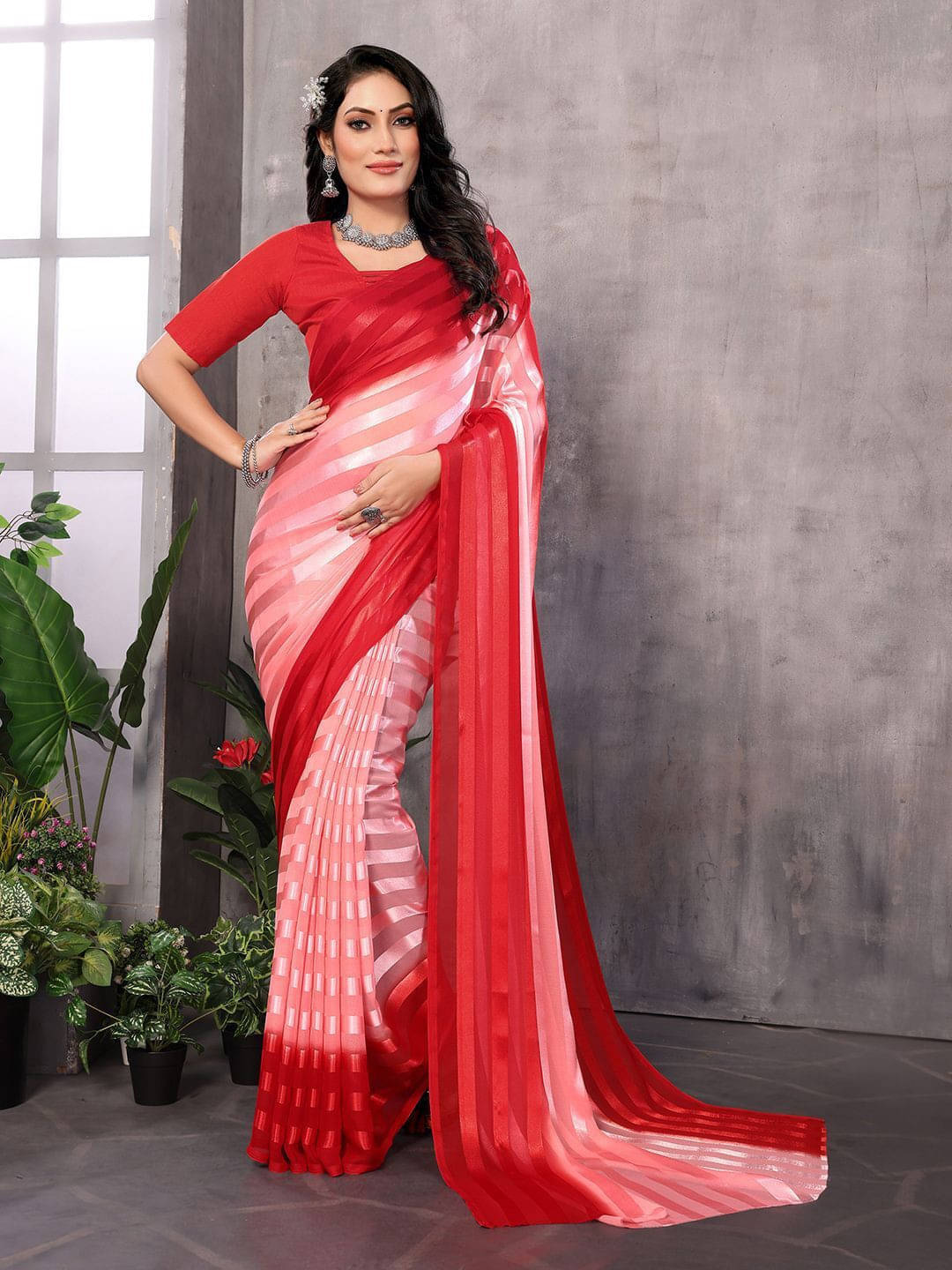 ANAND SAREES Satin Striped Regular Saree With Unstitched Blouse Piece ( Red ) ANAND SAREES Satin Striped Regular Saree With Unstitched Blouse Piece ( Red )