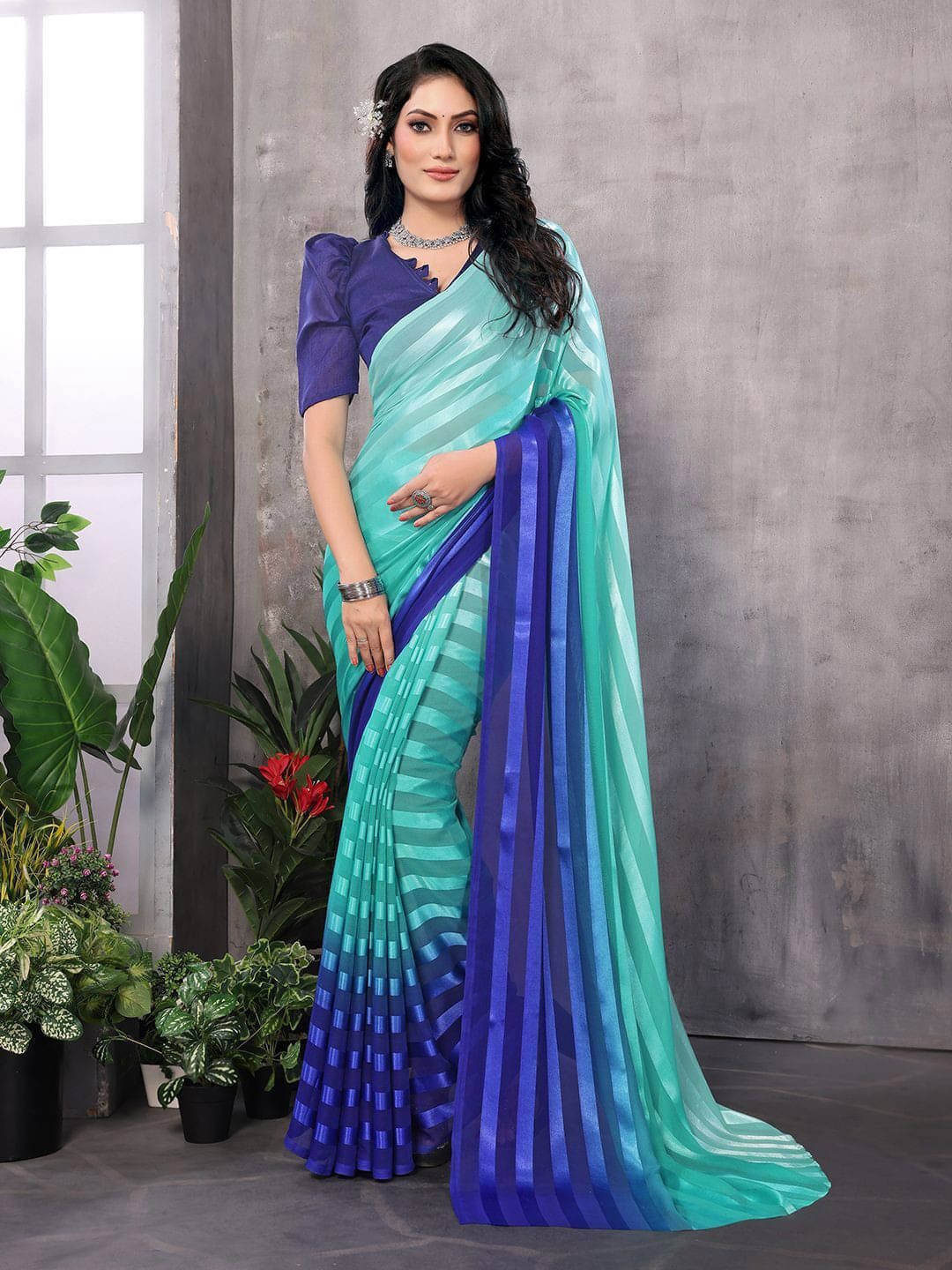 ANAND SAREES Satin Striped Regular Saree With Unstitched Blouse Piece ( Green ) ANAND SAREES Satin Striped Regular Saree With Unstitched Blouse Piece ( Green )