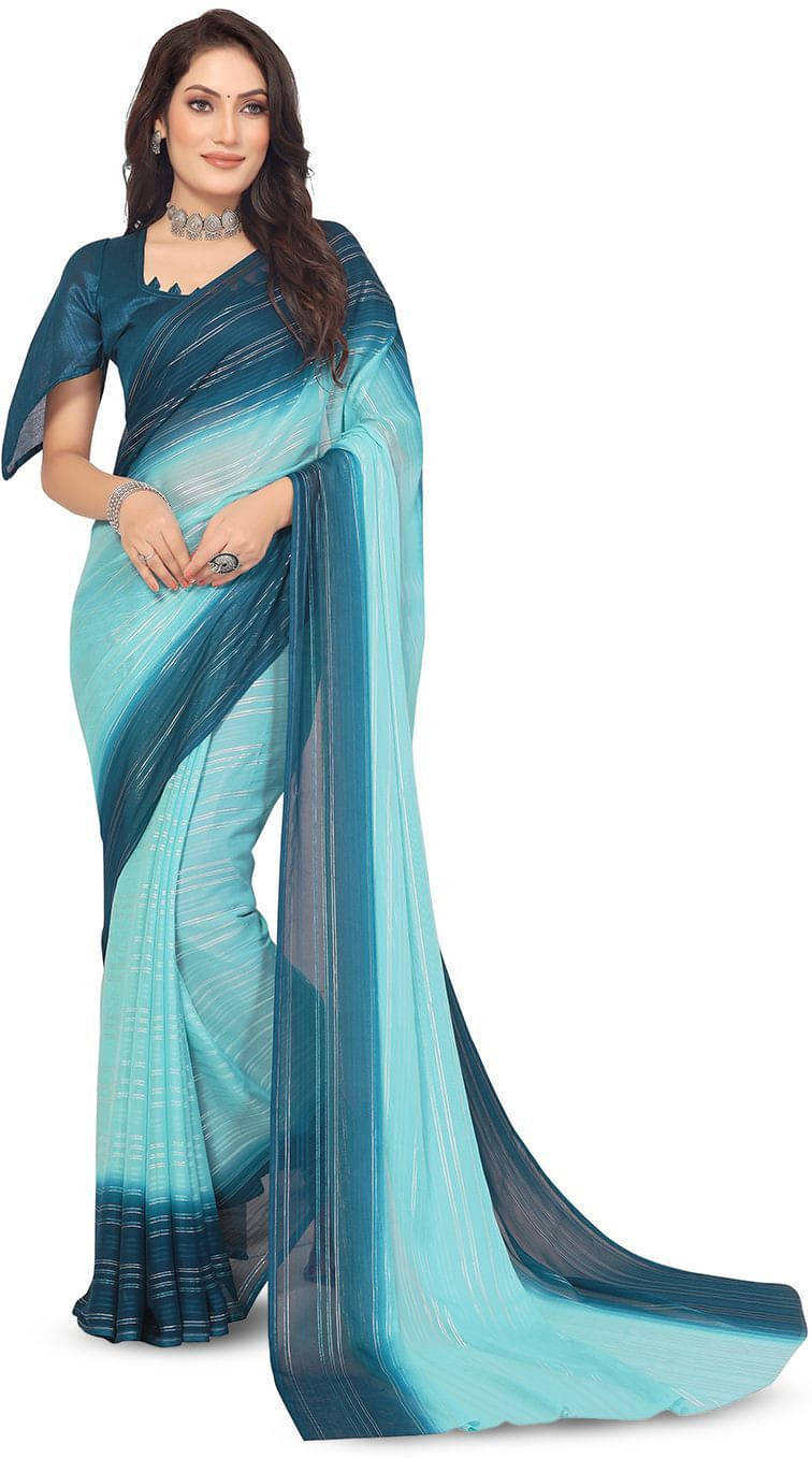 ANAND SAREES Satin Striped Regular Saree With Unstitched Blouse Piece ( Blue ) ANAND SAREES Satin Striped Regular Saree With Unstitched Blouse Piece ( Blue )