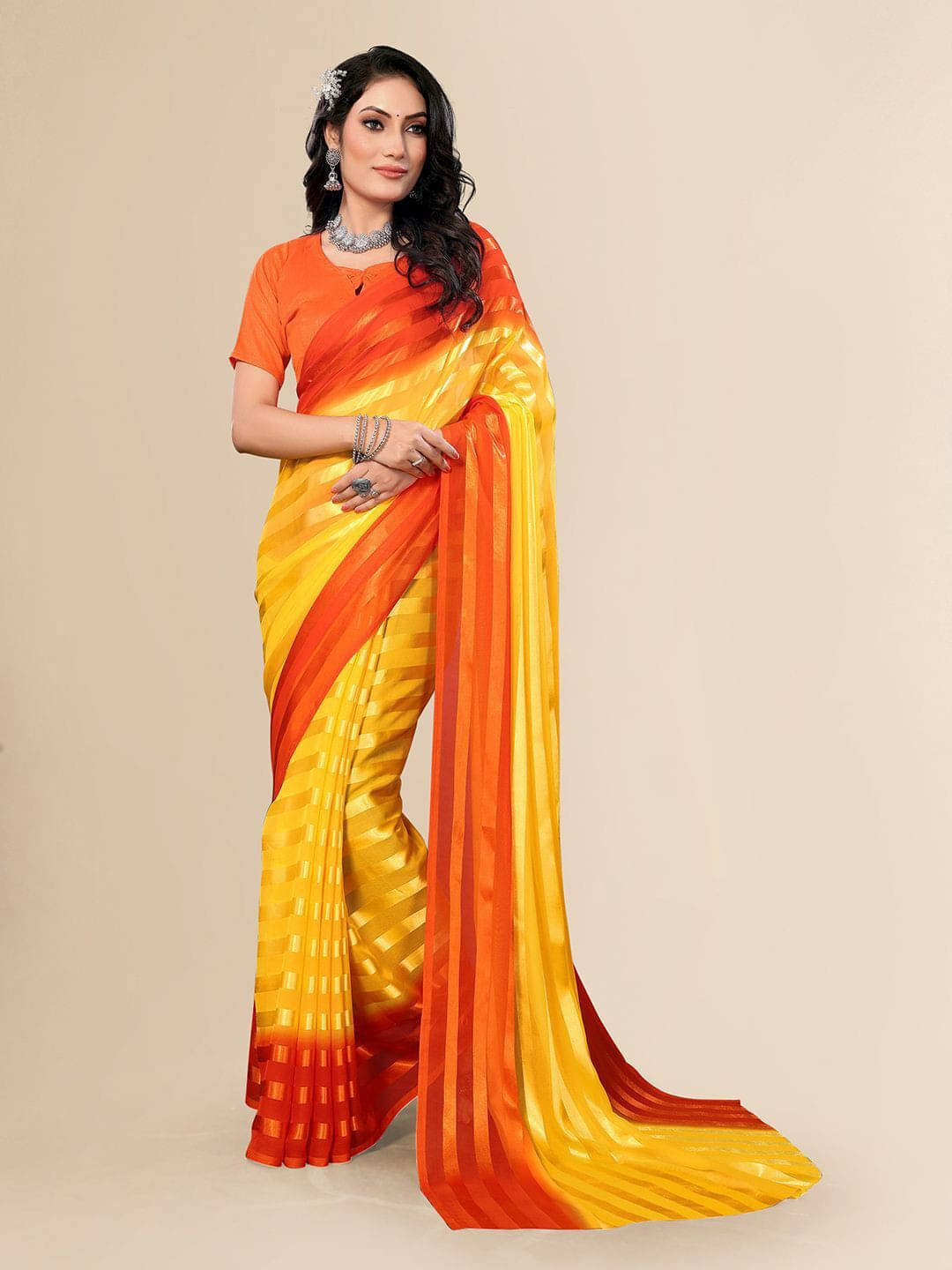 ANAND SAREES Satin Striped Regular Saree With Unstitched Blouse Piece ( Yellow ) ANAND SAREES Satin Striped Regular Saree With Unstitched Blouse Piece ( Yellow )