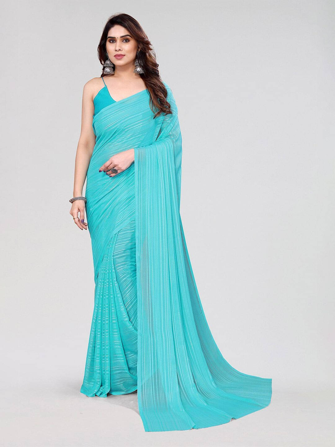     			ANAND SAREES Satin Striped Regular Saree With Unstitched Blouse Piece ( Blue )