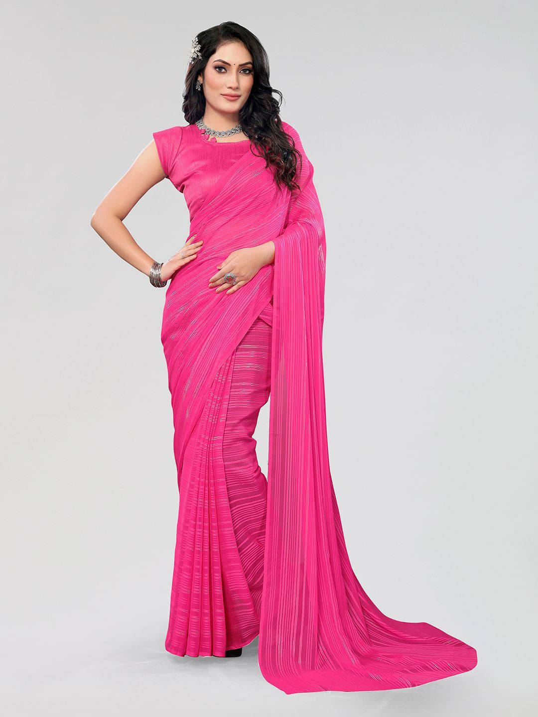 ANAND SAREES Satin Striped Regular Saree With Unstitched Blouse Piece ( Pink ) ANAND SAREES Satin Striped Regular Saree With Unstitched Blouse Piece ( Pink )