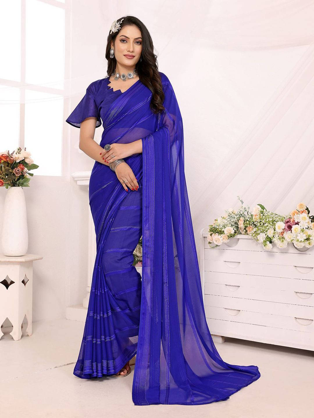 ANAND SAREES Satin Striped Regular Saree With Unstitched Blouse Piece ( Blue ) ANAND SAREES Satin Striped Regular Saree With Unstitched Blouse Piece ( Blue )