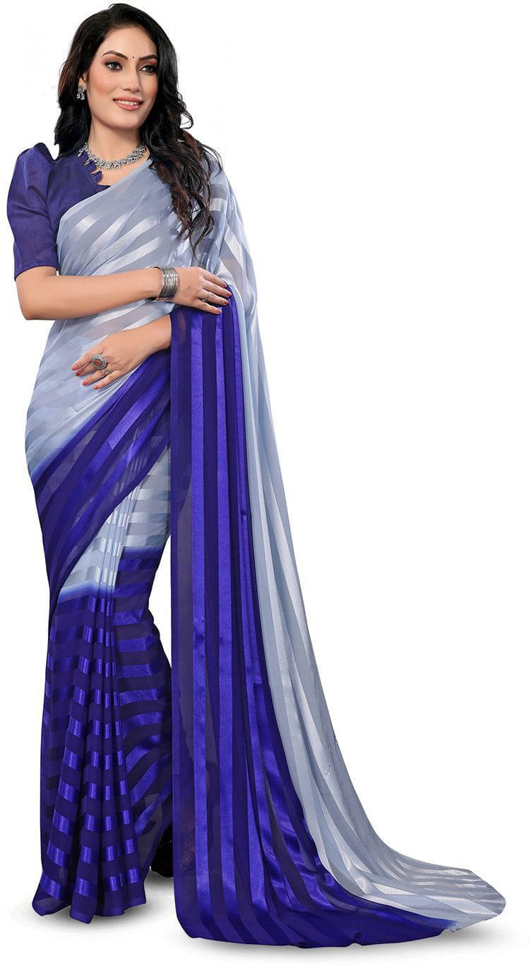 ANAND SAREES Satin Striped Regular Saree With Unstitched Blouse Piece ( Blue ) ANAND SAREES Satin Striped Regular Saree With Unstitched Blouse Piece ( Blue )