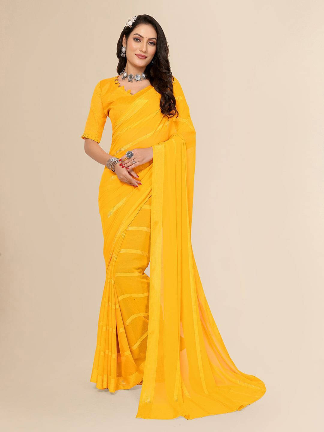 ANAND SAREES Satin Striped Regular Saree With Unstitched Blouse Piece ( Yellow ) ANAND SAREES Satin Striped Regular Saree With Unstitched Blouse Piece ( Yellow )