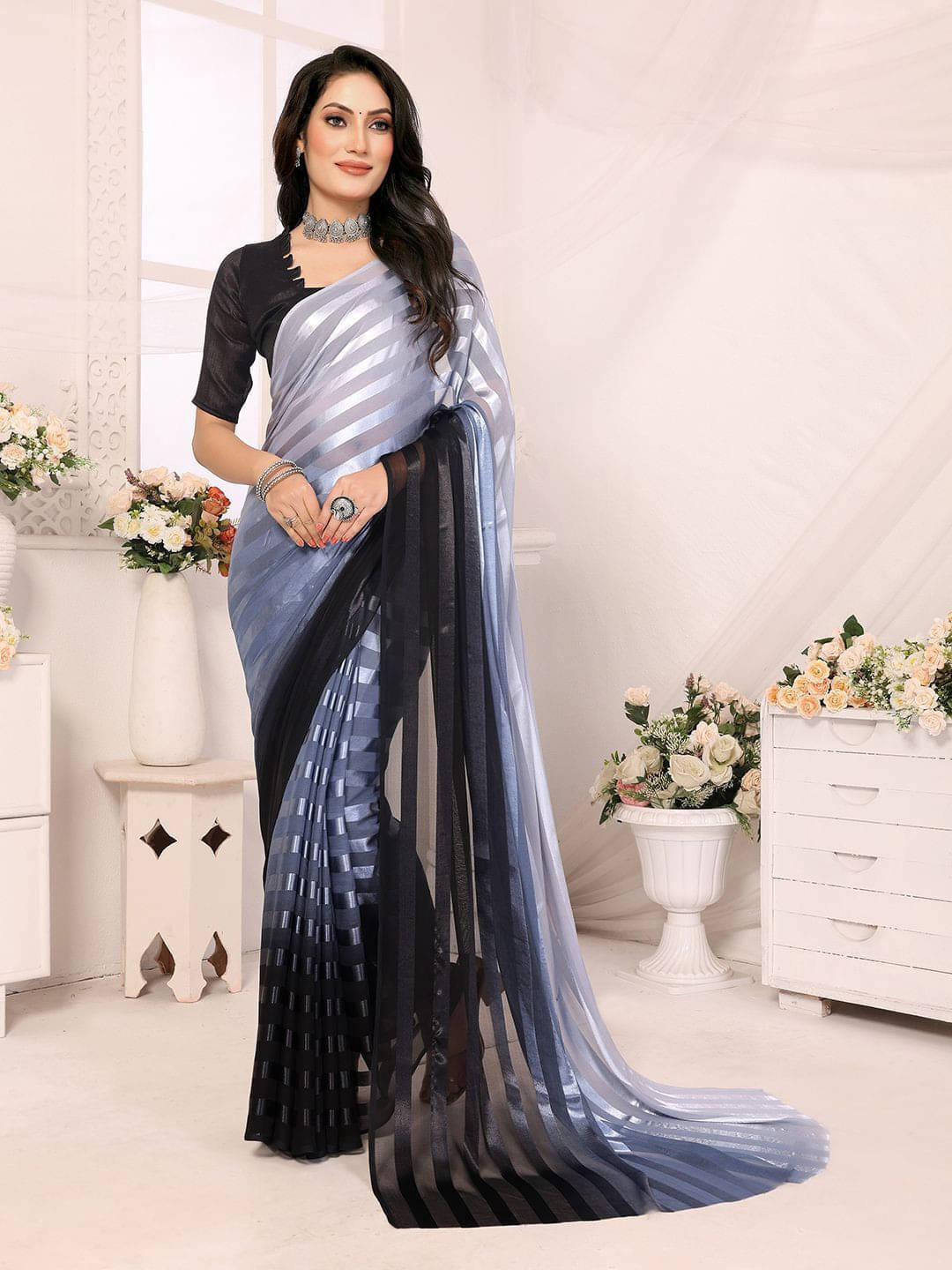 ANAND SAREES Satin Striped Regular Saree With Unstitched Blouse Piece ( Grey ) ANAND SAREES Satin Striped Regular Saree With Unstitched Blouse Piece ( Grey )