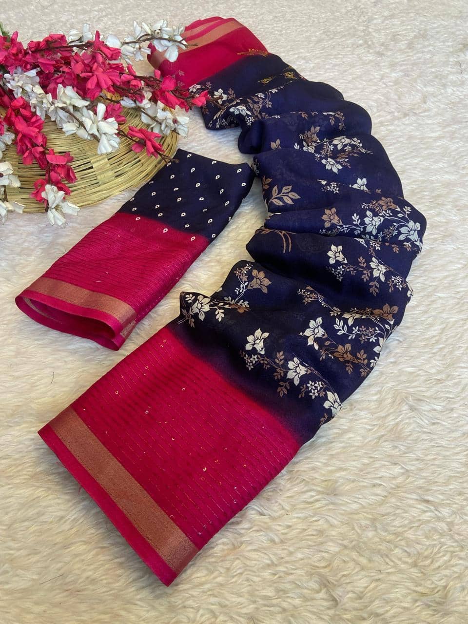 Bhuwal Fashion Art Silk Printed Maheshwari Saree With Unstitched Blouse Piece ( Blue ) - Sarees | Buy online on ZillyBuy