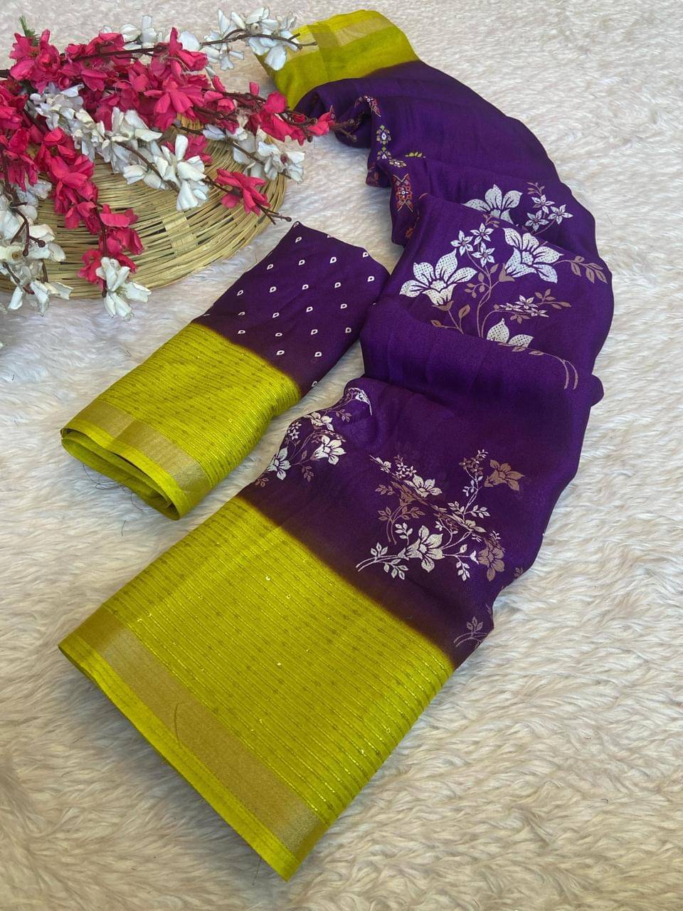     			Bhuwal Fashion Art Silk Printed Jamdani Saree With Unstitched Blouse Piece ( Purple )