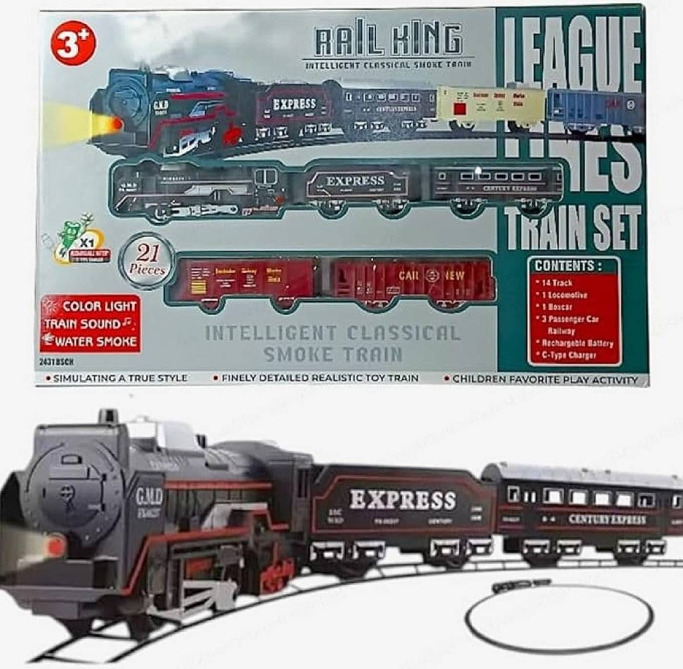     			Braintastic Railking Classical Train with Sound, Light, & Water Smoke for Kids, Rechargeable 21 Pieces Set Includes Tracks, Locomotive,Boxcar, Passenger car for Kids
