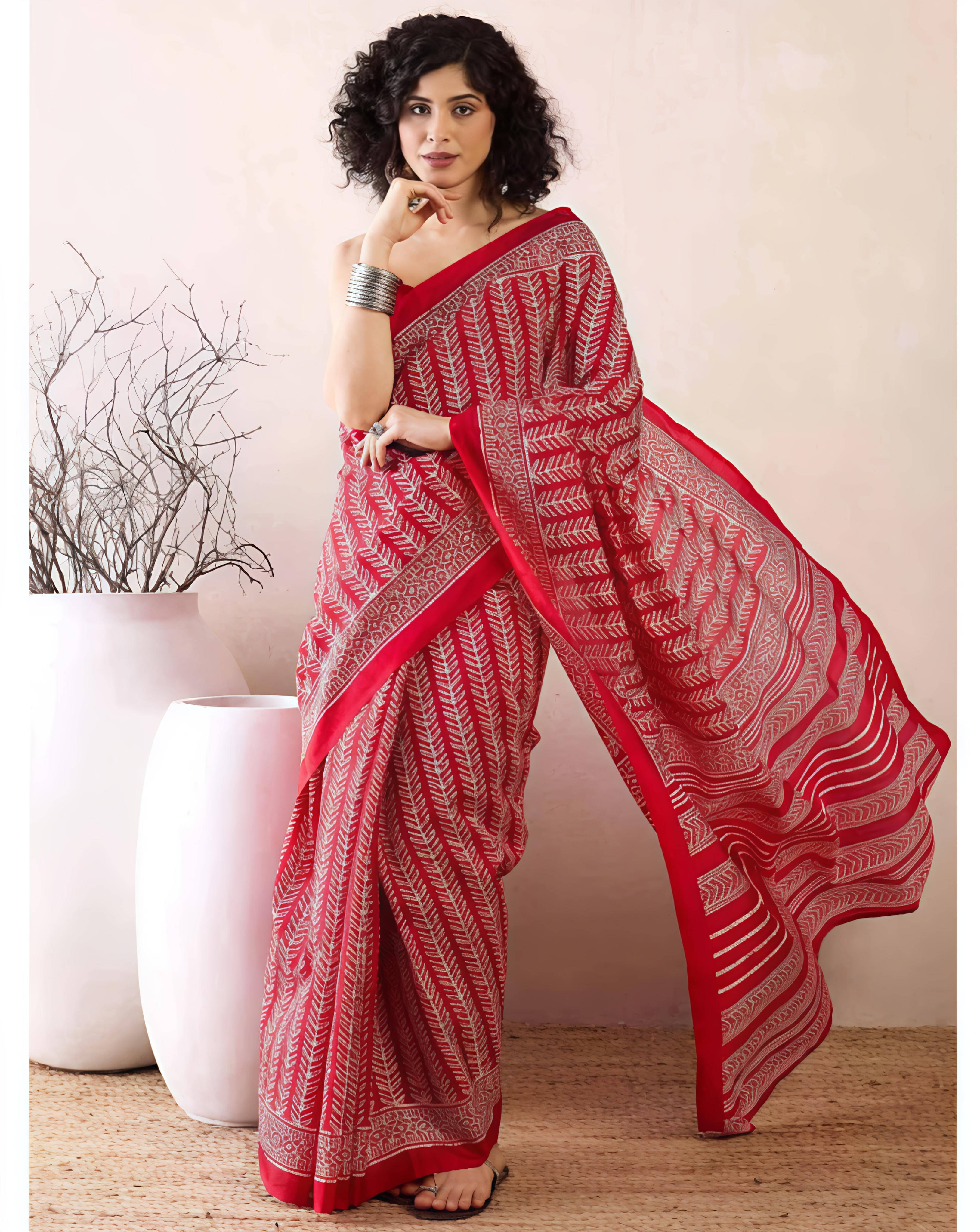Grubstaker Cotton Blend Printed Regular Saree With Unstitched Blouse Piece ( Red ) Grubstaker Cotton Blend Printed Regular Saree With Unstitched Blouse Piece ( Red )