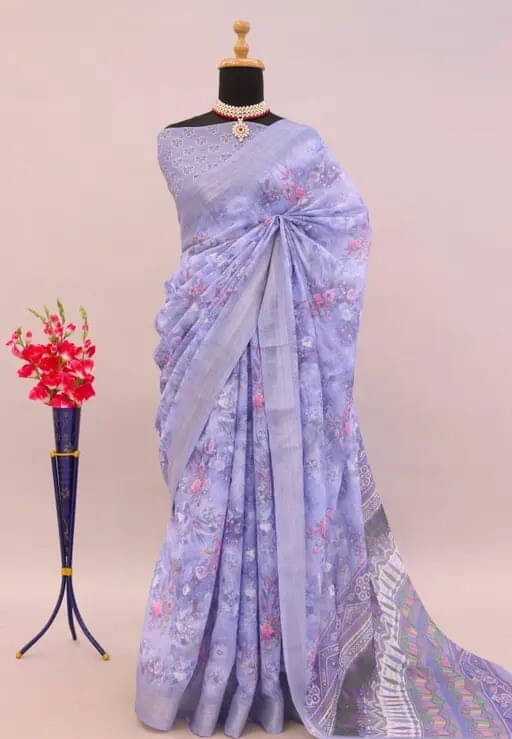 Grubstaker Cotton Blend Printed Regular Saree With Unstitched Blouse Piece ( White ) Grubstaker Cotton Blend Printed Regular Saree With Unstitched Blouse Piece ( White )