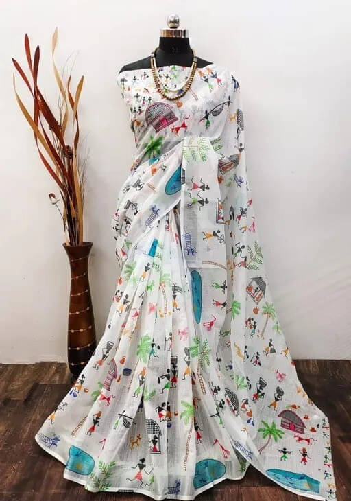 Grubstaker Cotton Blend Printed Regular Saree With Unstitched Blouse Piece ( White ) Grubstaker Cotton Blend Printed Regular Saree With Unstitched Blouse Piece ( White )