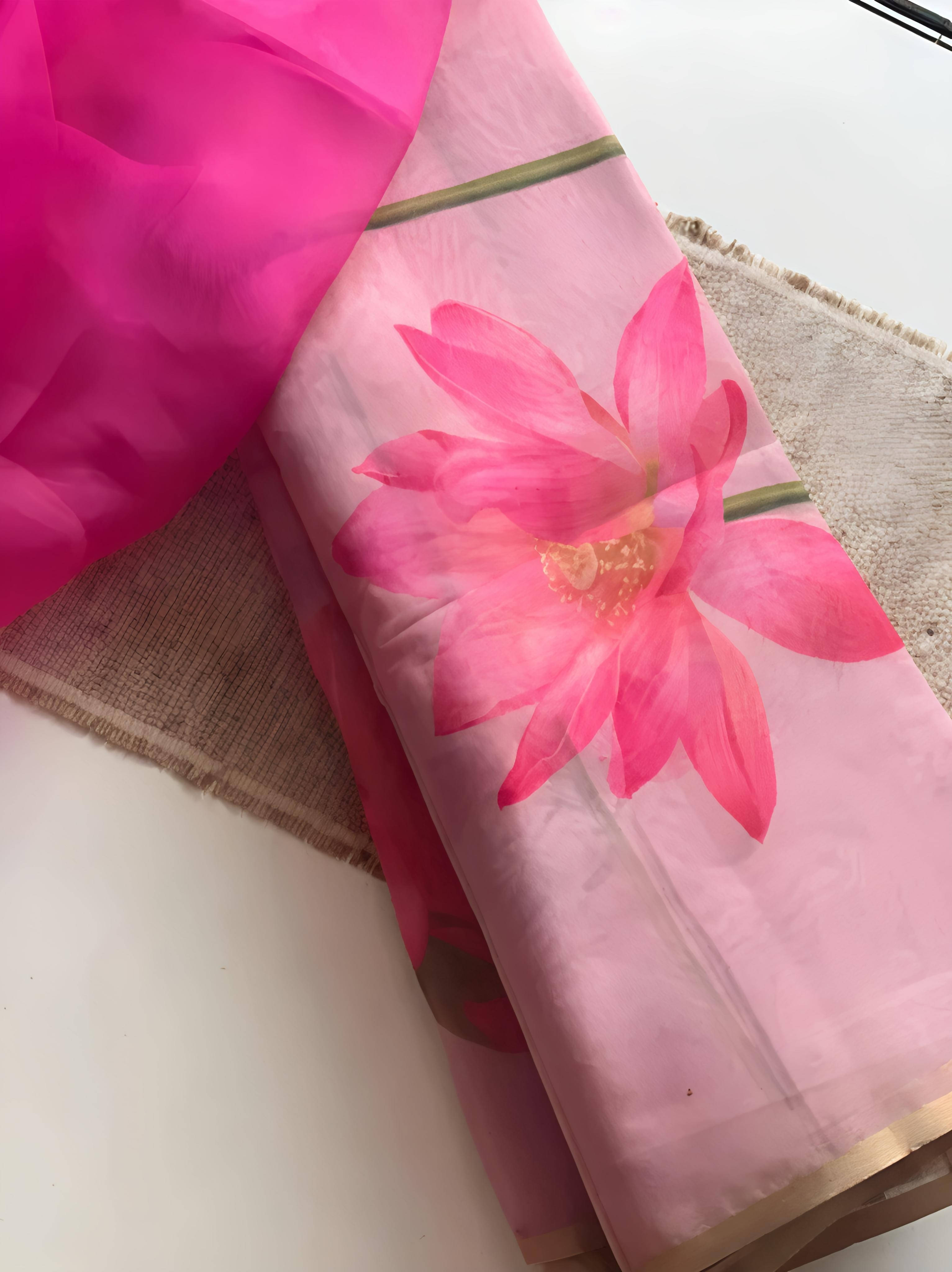     			Grubstaker Cotton Blend Printed Regular Saree With Unstitched Blouse Piece ( Pink )