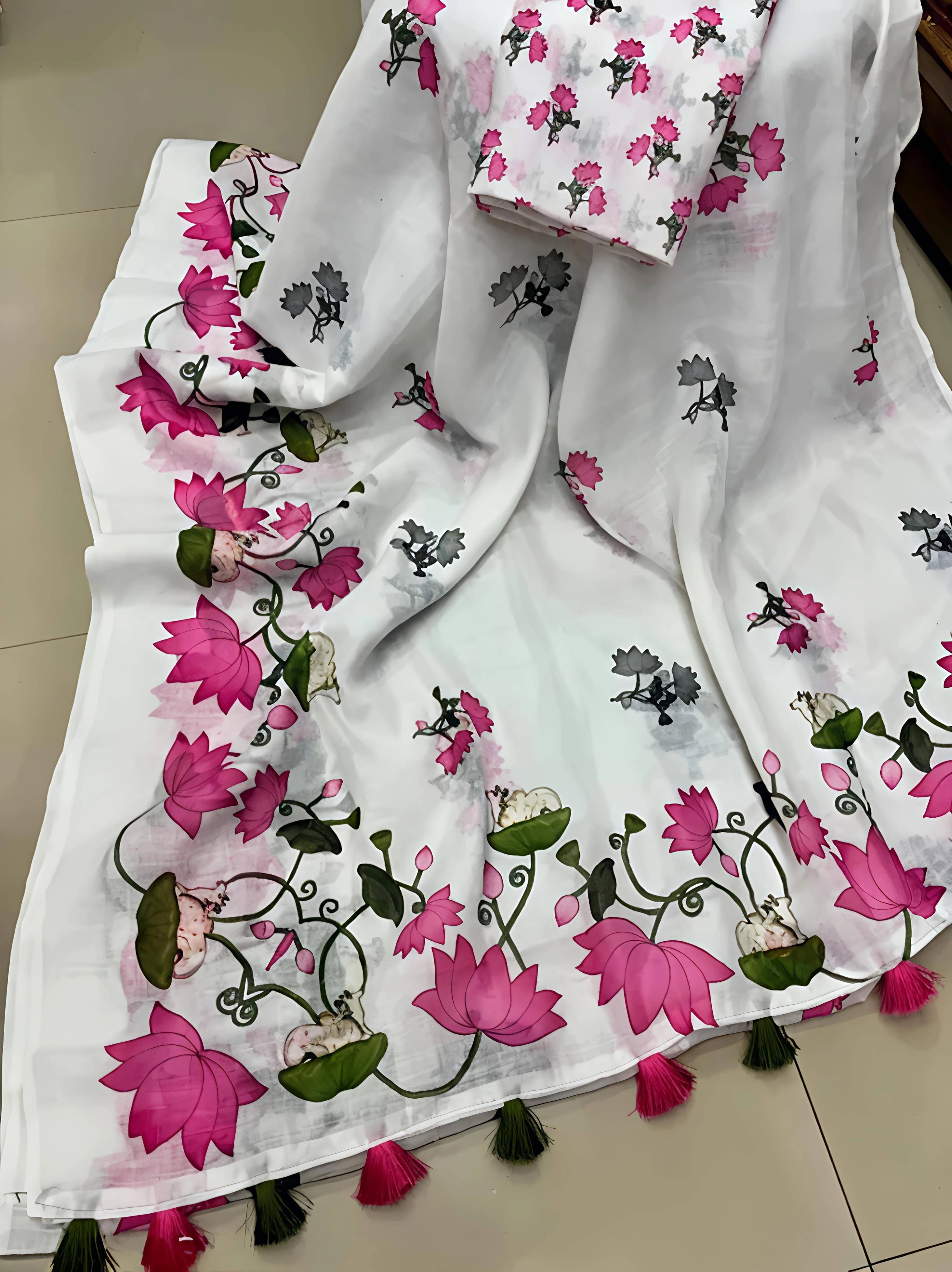 Grubstaker Cotton Blend Printed Regular Saree With Unstitched Blouse Piece ( White ) Grubstaker Cotton Blend Printed Regular Saree With Unstitched Blouse Piece ( White )
