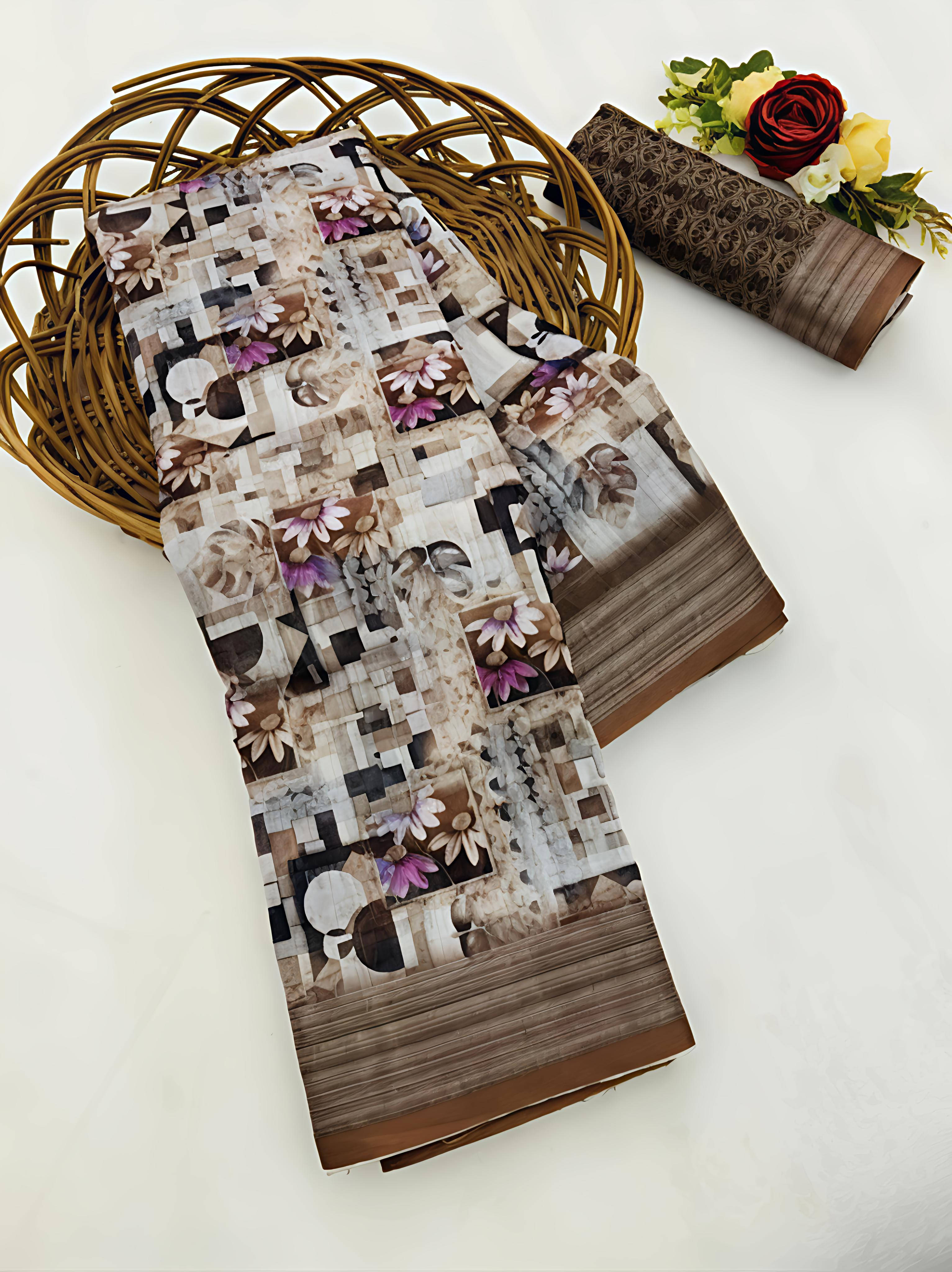     			Grubstaker Cotton Blend Printed Regular Saree With Unstitched Blouse Piece ( Brown )