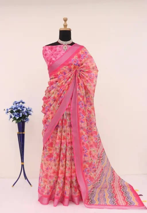 Grubstaker Cotton Blend Printed Regular Saree With Unstitched Blouse Piece ( Multicolor ) Grubstaker Cotton Blend Printed Regular Saree With Unstitched Blouse Piece ( Multicolor )