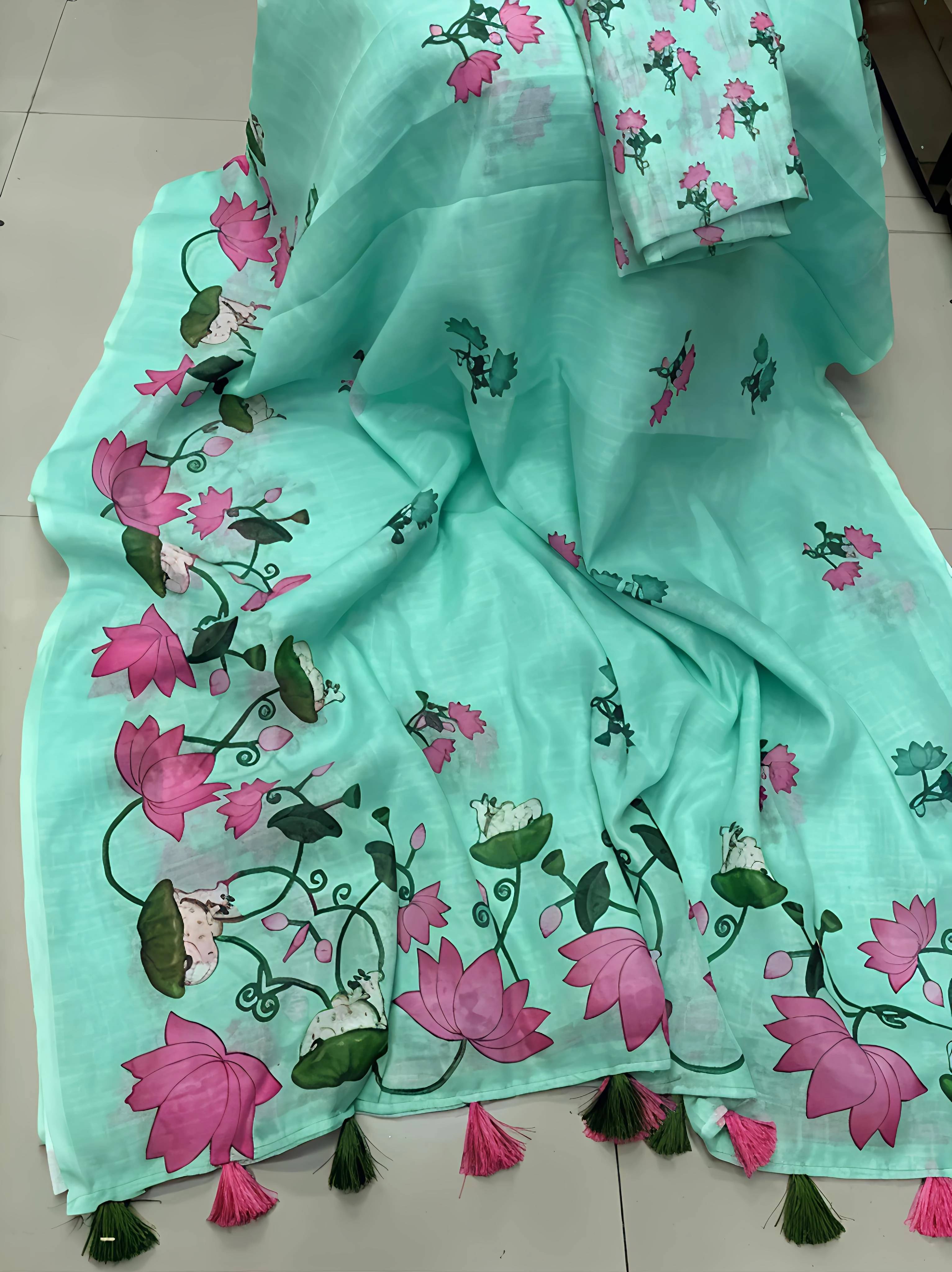 Grubstaker Cotton Blend Printed Regular Saree With Unstitched Blouse Piece ( Light Blue ) Grubstaker Cotton Blend Printed Regular Saree With Unstitched Blouse Piece ( Light Blue )