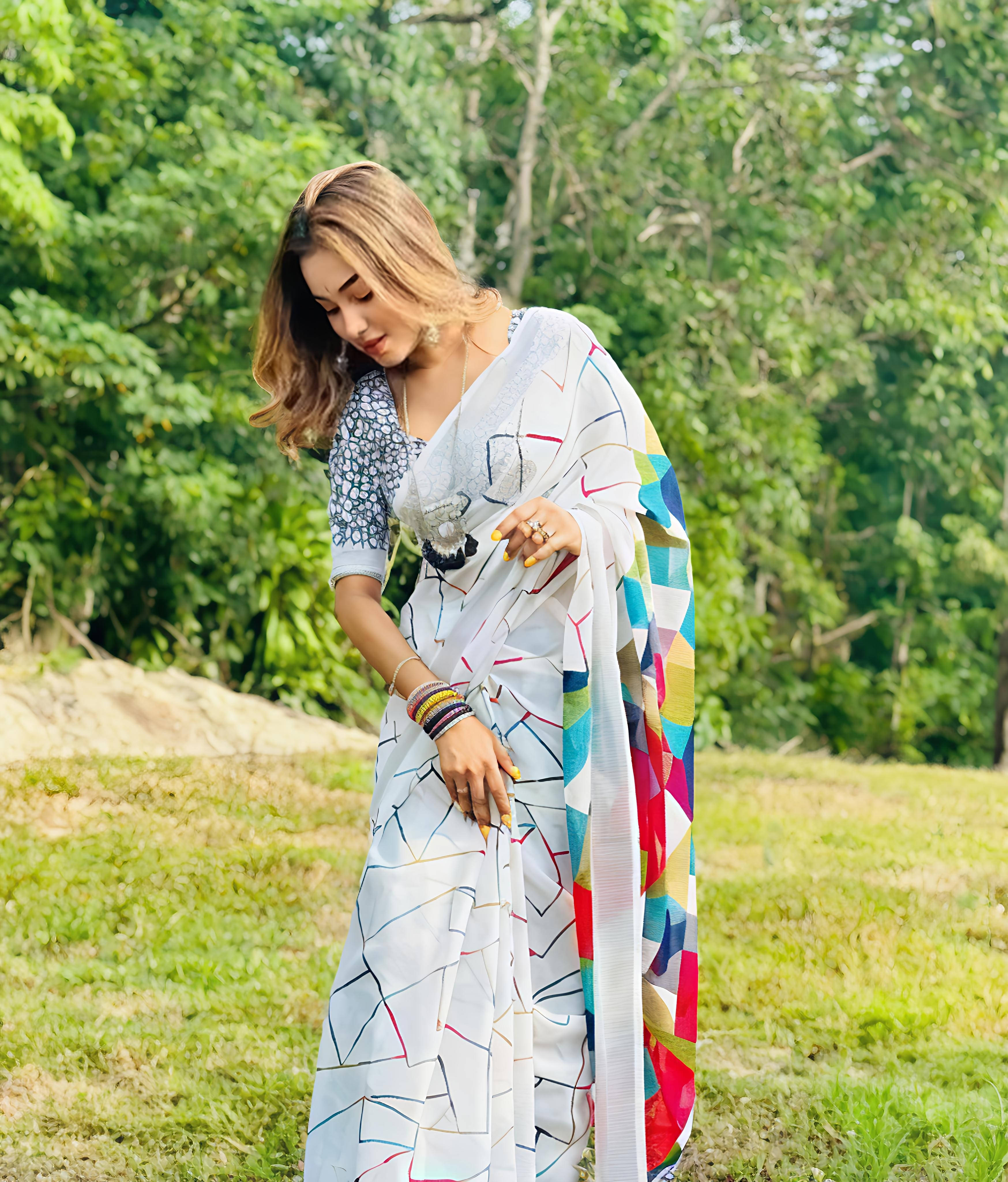 Grubstaker Cotton Blend Printed Regular Saree With Unstitched Blouse Piece ( White ) Grubstaker Cotton Blend Printed Regular Saree With Unstitched Blouse Piece ( White )