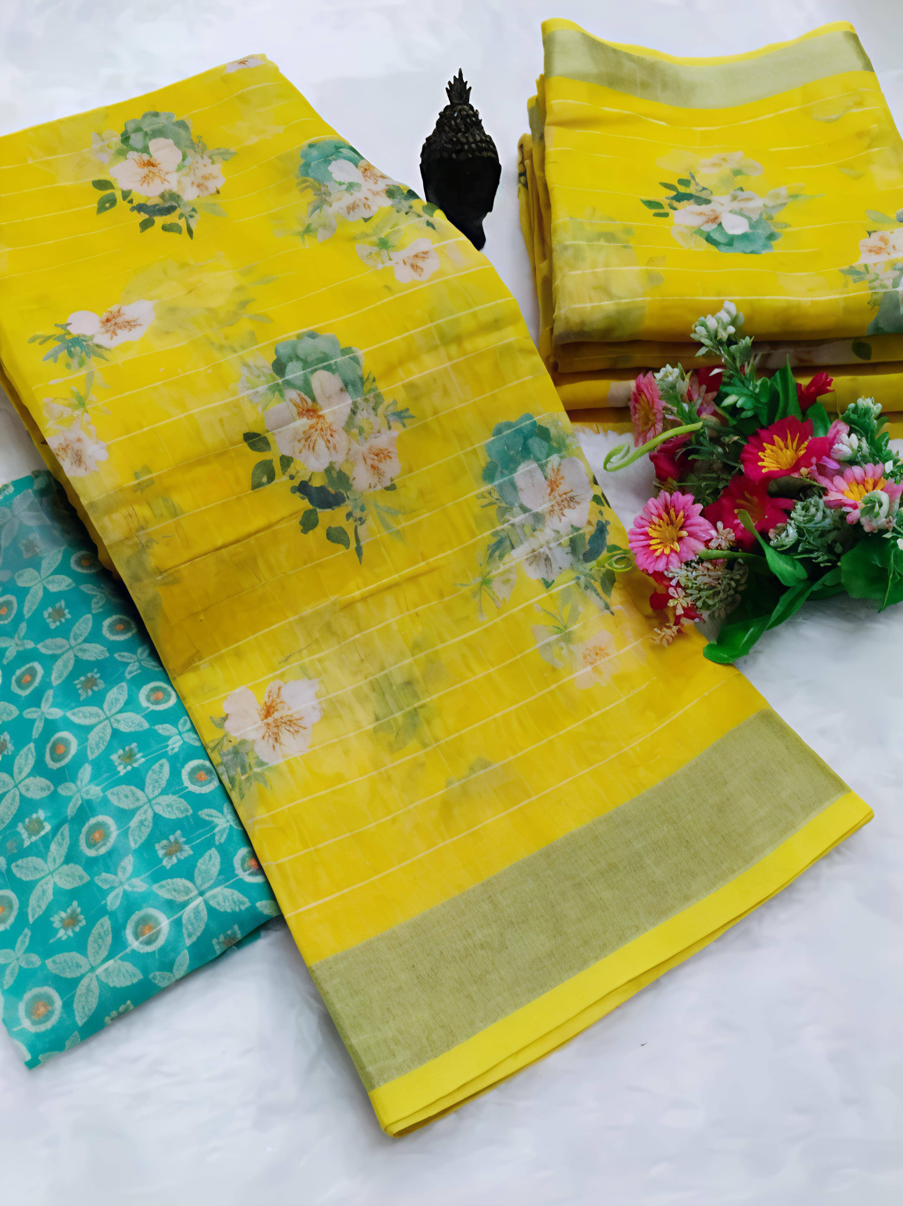 Grubstaker Cotton Blend Printed Regular Saree With Unstitched Blouse Piece ( Yellow ) Grubstaker Cotton Blend Printed Regular Saree With Unstitched Blouse Piece ( Yellow )