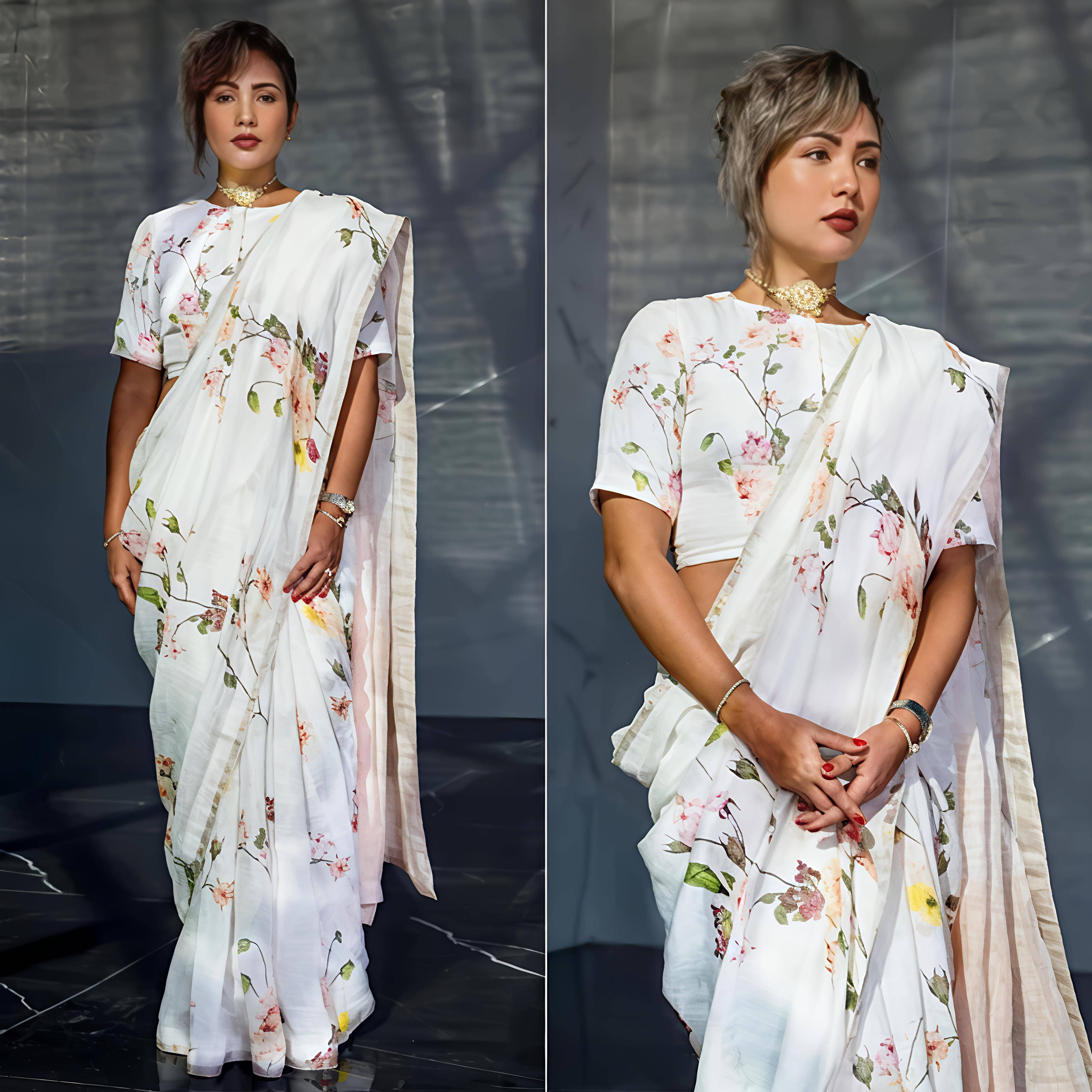 Grubstaker Cotton Blend Printed Regular Saree With Unstitched Blouse Piece ( White ) Grubstaker Cotton Blend Printed Regular Saree With Unstitched Blouse Piece ( White )