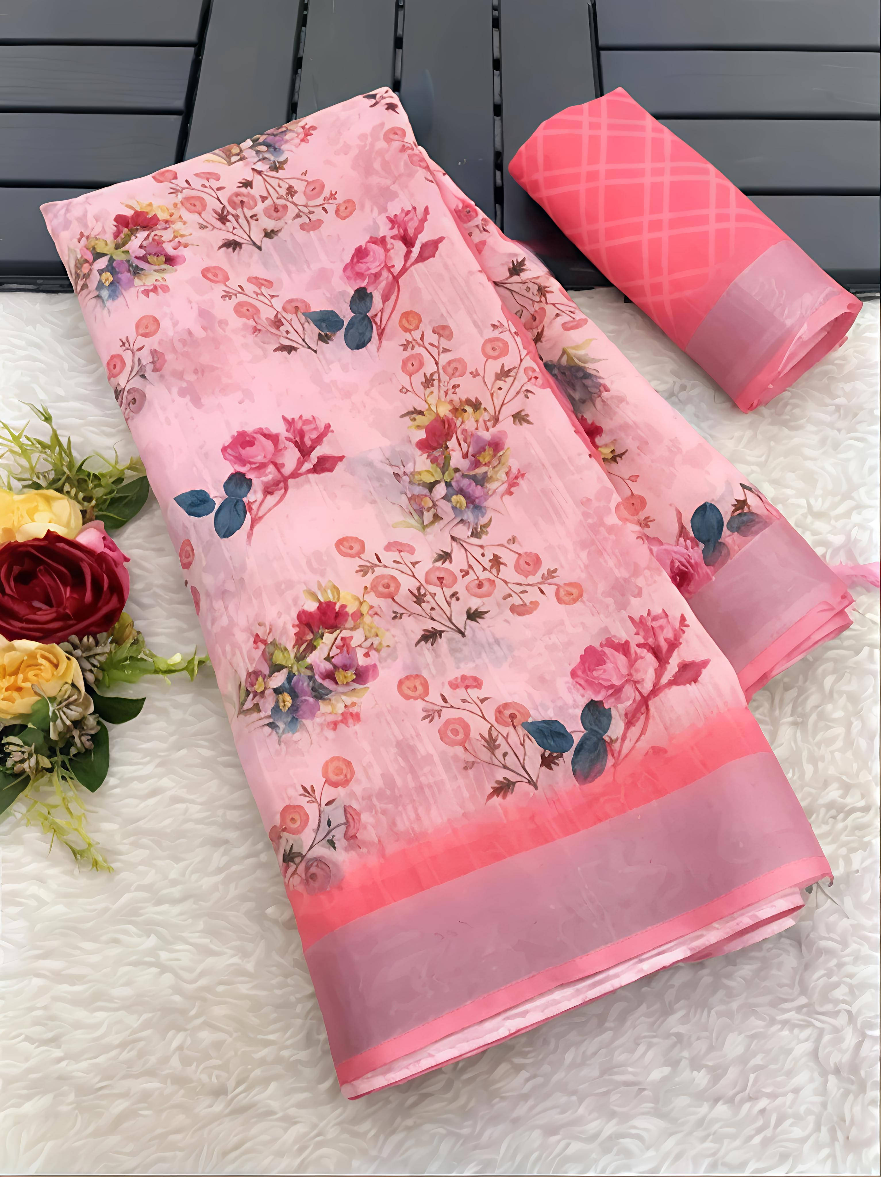 Grubstaker Cotton Blend Printed Regular Saree With Unstitched Blouse Piece ( Pink ) Grubstaker Cotton Blend Printed Regular Saree With Unstitched Blouse Piece ( Pink )