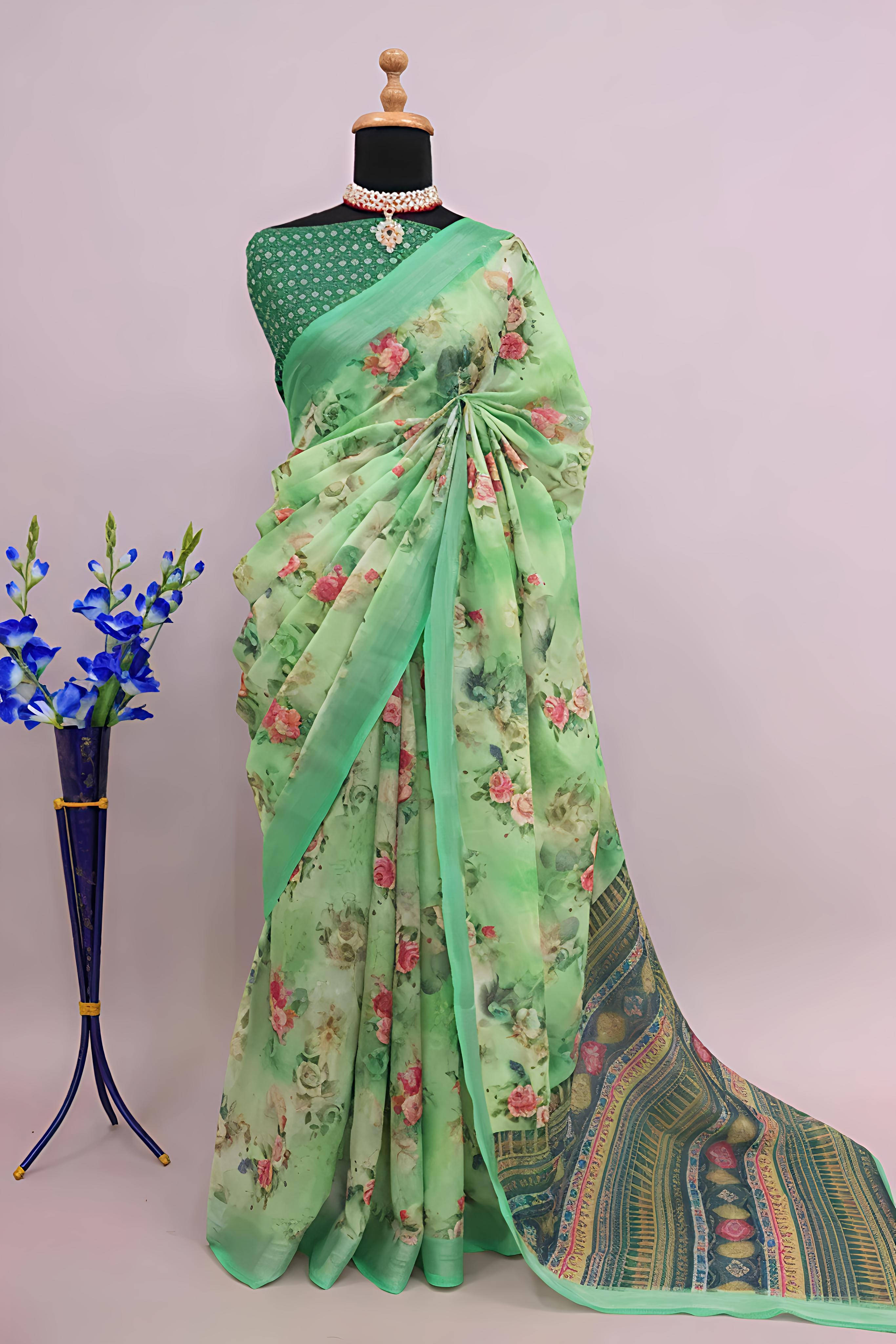 Grubstaker Cotton Blend Printed Regular Saree With Unstitched Blouse Piece ( Green ) Grubstaker Cotton Blend Printed Regular Saree With Unstitched Blouse Piece ( Green )