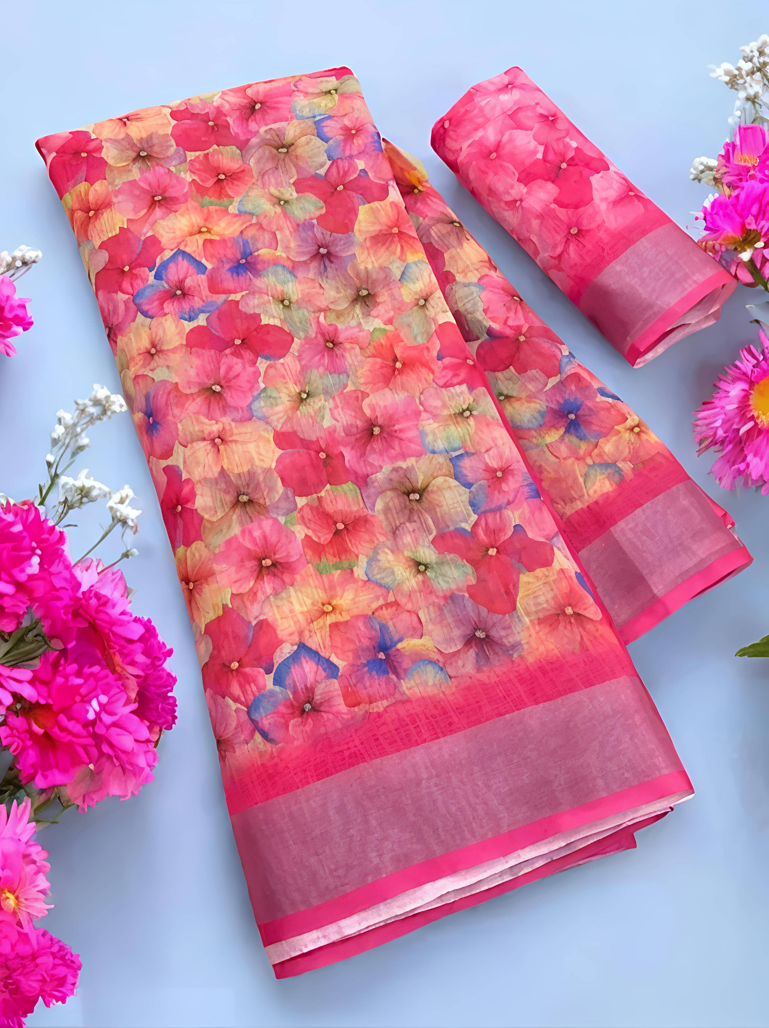 Grubstaker Cotton Blend Printed Regular Saree With Unstitched Blouse Piece ( Pink ) Grubstaker Cotton Blend Printed Regular Saree With Unstitched Blouse Piece ( Pink )