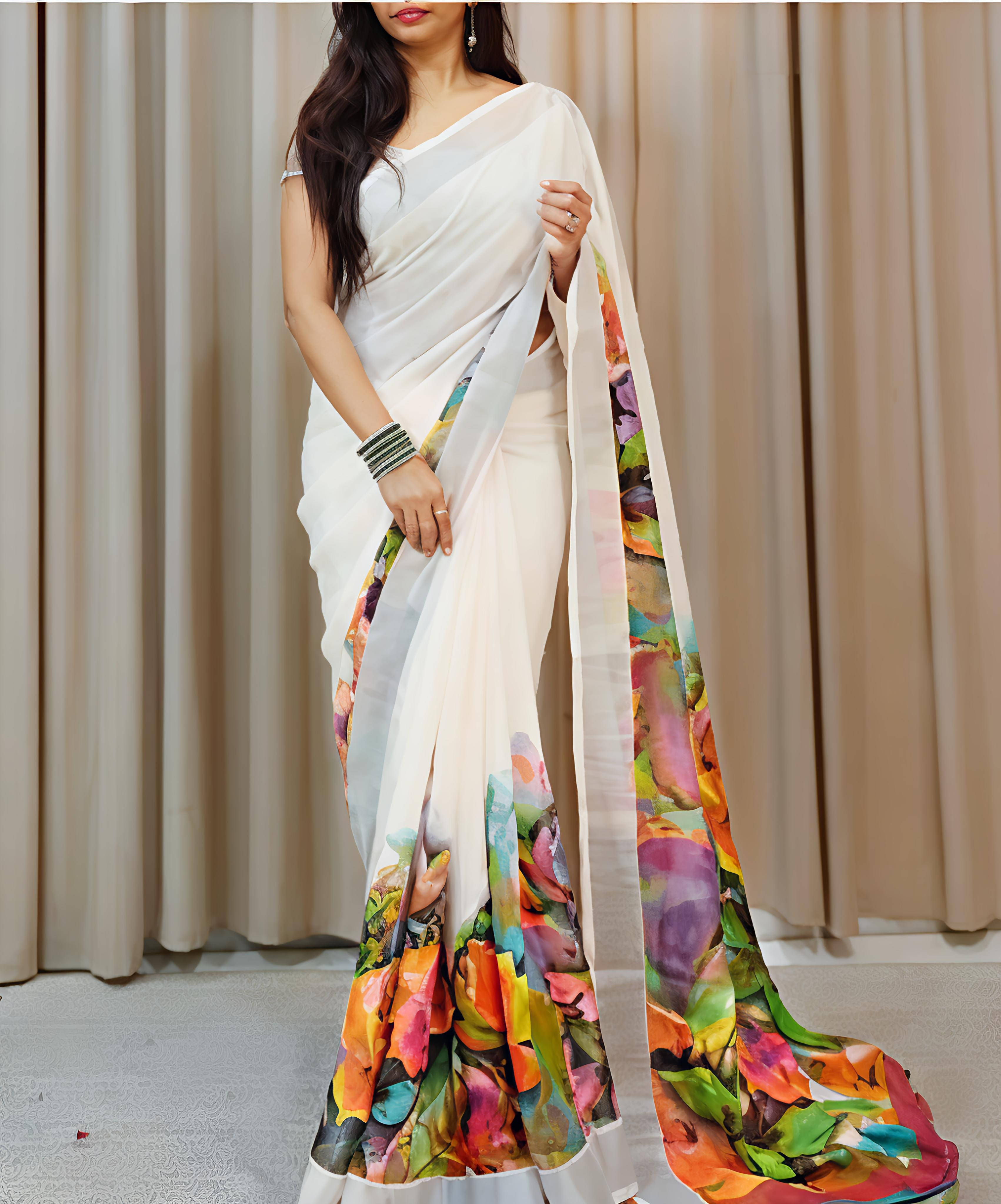 Grubstaker Cotton Blend Printed Regular Saree With Unstitched Blouse Piece ( White ) Grubstaker Cotton Blend Printed Regular Saree With Unstitched Blouse Piece ( White )