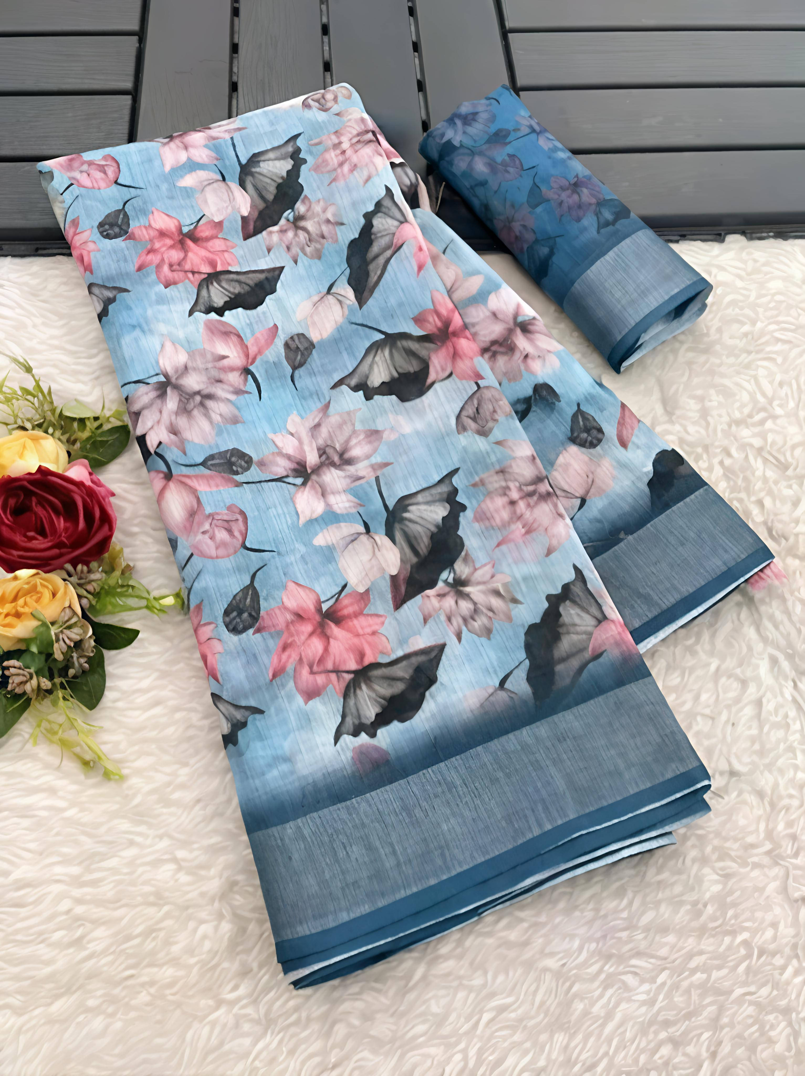 Grubstaker Cotton Blend Printed Regular Saree With Unstitched Blouse Piece ( Light Blue ) Grubstaker Cotton Blend Printed Regular Saree With Unstitched Blouse Piece ( Light Blue )
