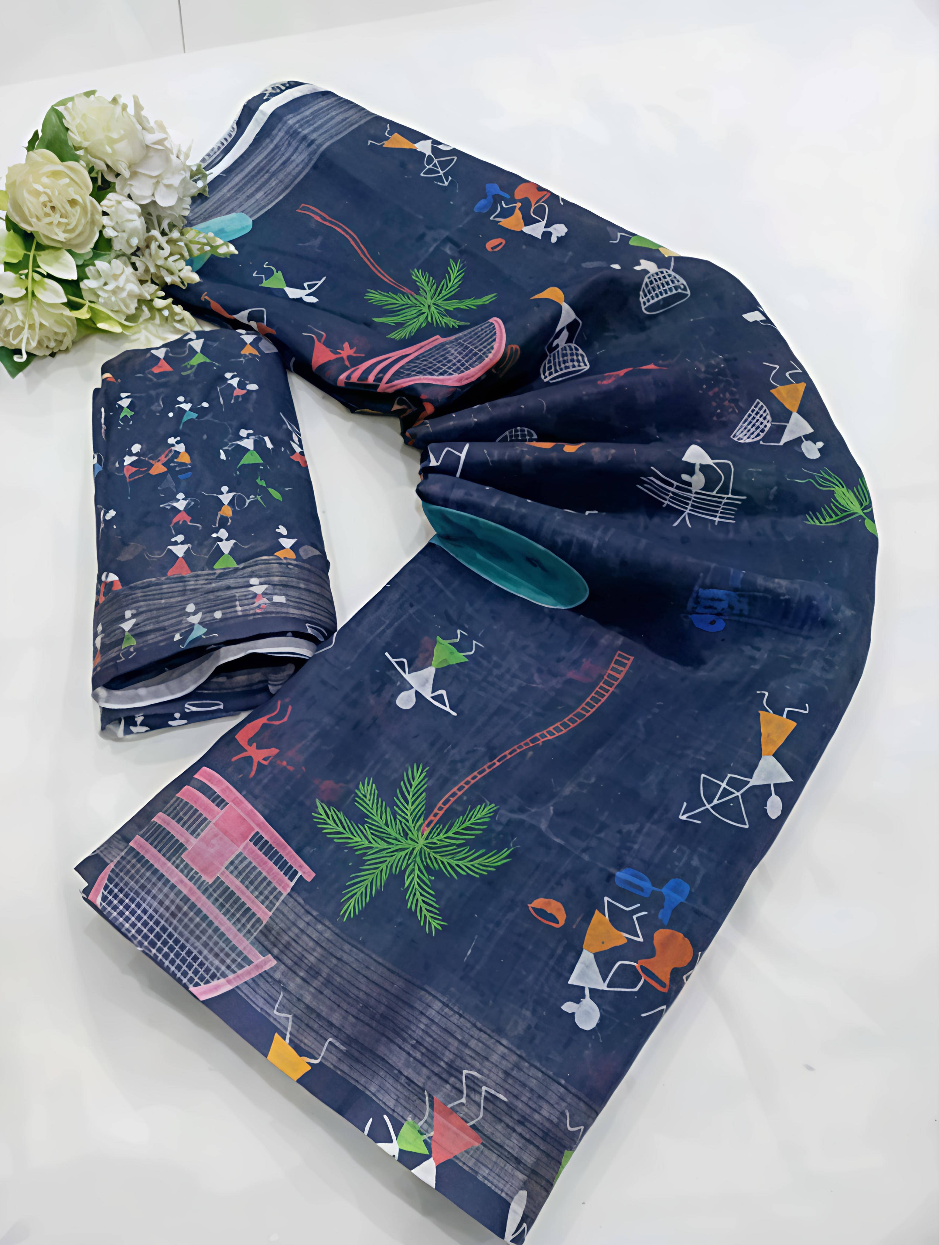 Grubstaker Cotton Blend Printed Regular Saree With Unstitched Blouse Piece ( Blue ) Grubstaker Cotton Blend Printed Regular Saree With Unstitched Blouse Piece ( Blue )