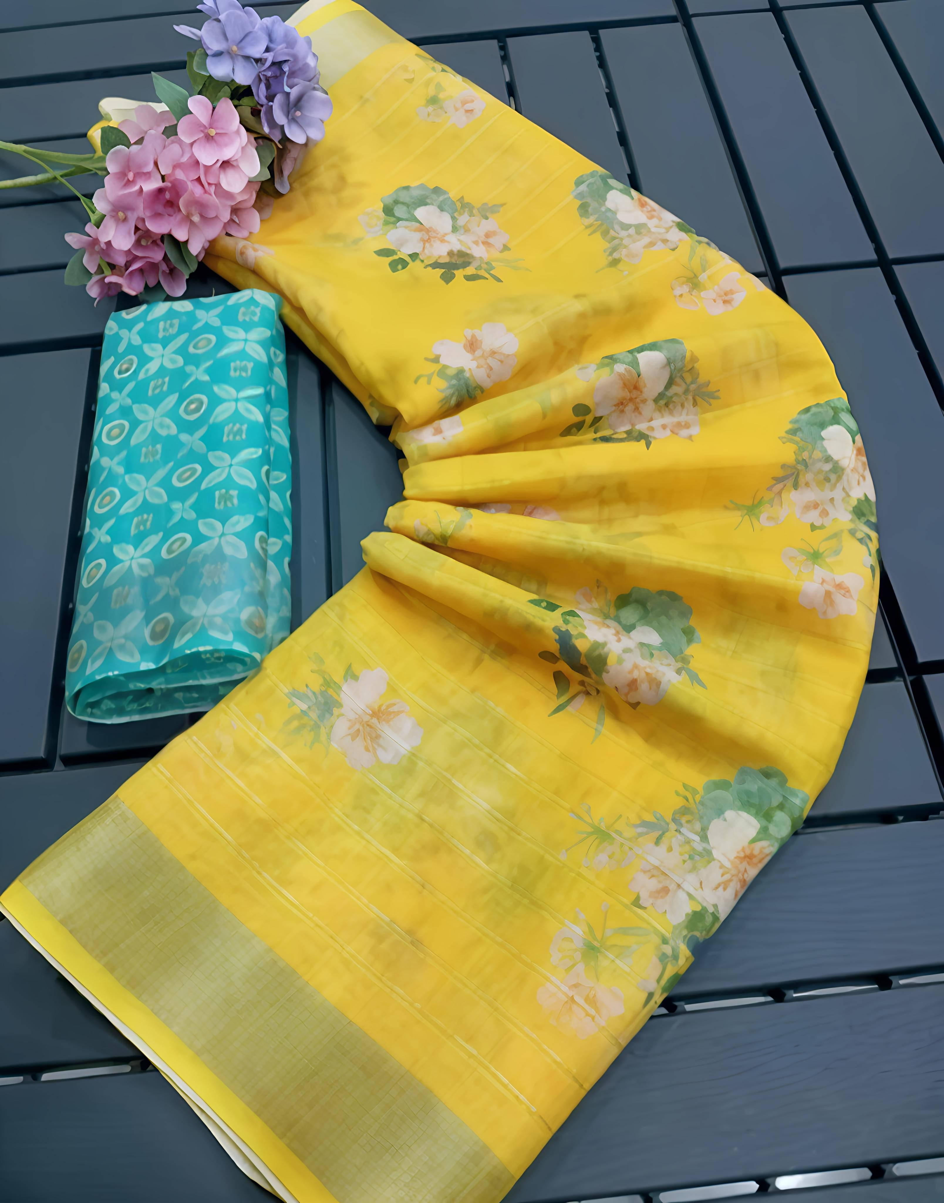 Grubstaker Cotton Blend Printed Regular Saree With Unstitched Blouse Piece ( Yellow ) Grubstaker Cotton Blend Printed Regular Saree With Unstitched Blouse Piece ( Yellow )