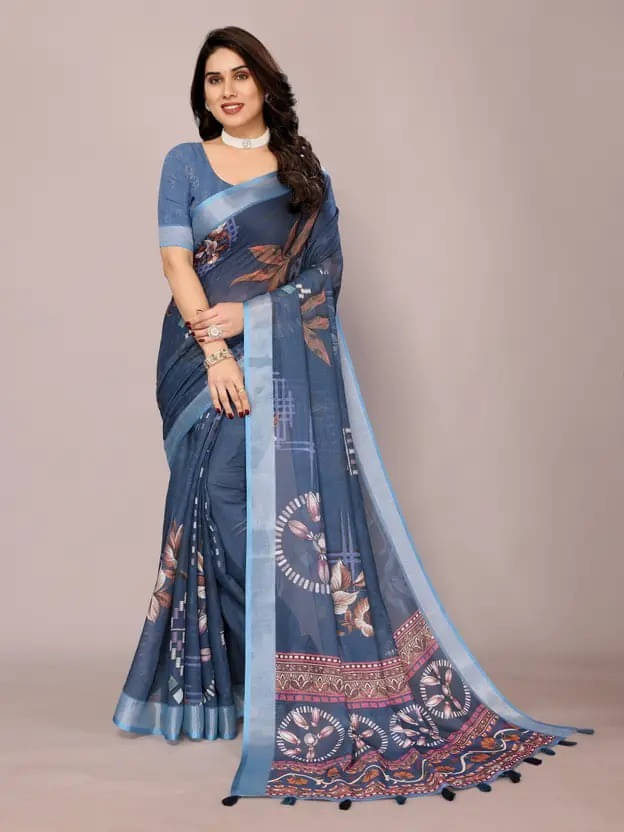 Grubstaker Cotton Blend Printed Regular Saree With Unstitched Blouse Piece ( Multicolor ) Grubstaker Cotton Blend Printed Regular Saree With Unstitched Blouse Piece ( Multicolor )
