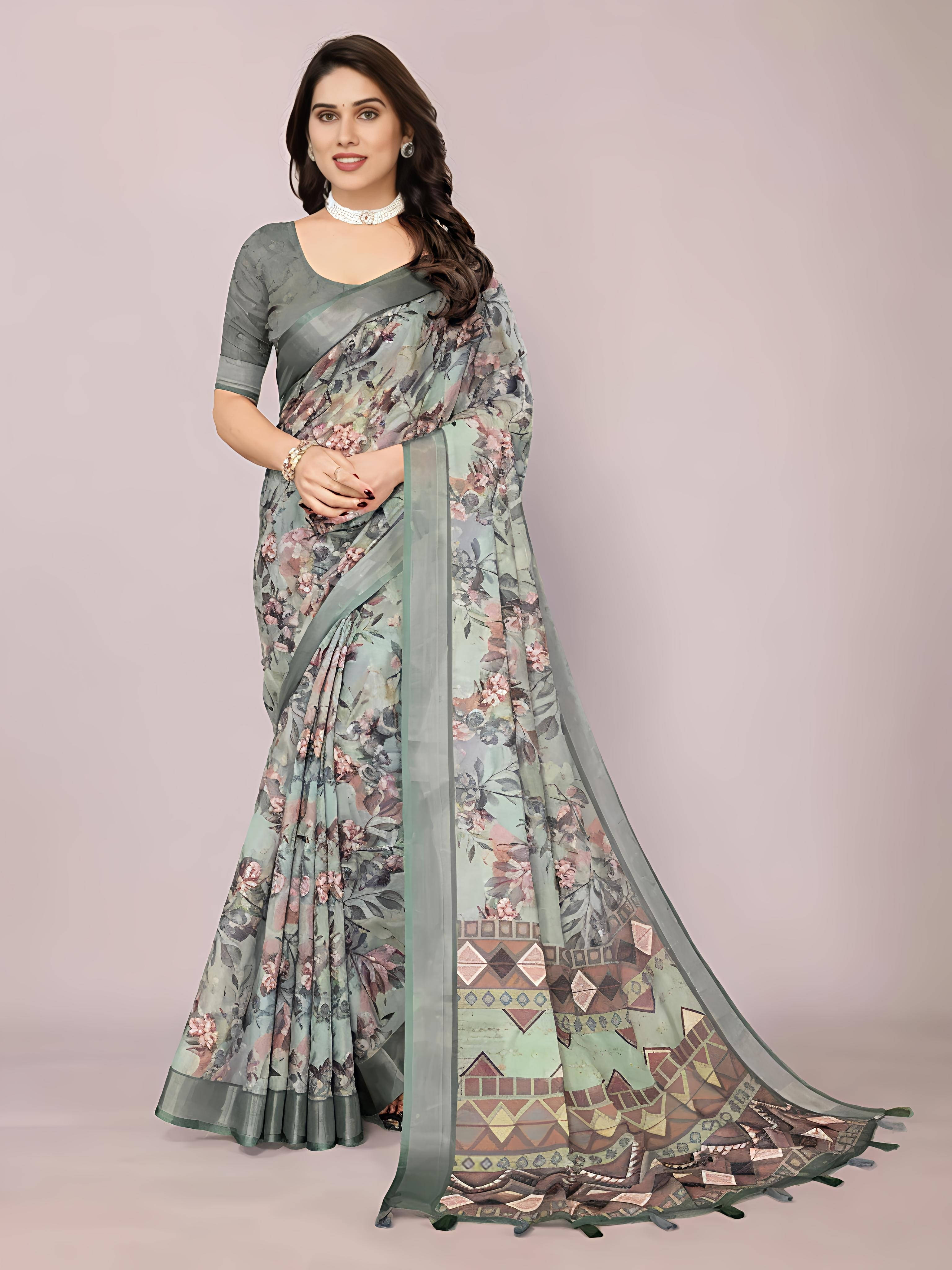 Grubstaker Cotton Blend Printed Regular Saree With Unstitched Blouse Piece ( Green ) Grubstaker Cotton Blend Printed Regular Saree With Unstitched Blouse Piece ( Green )
