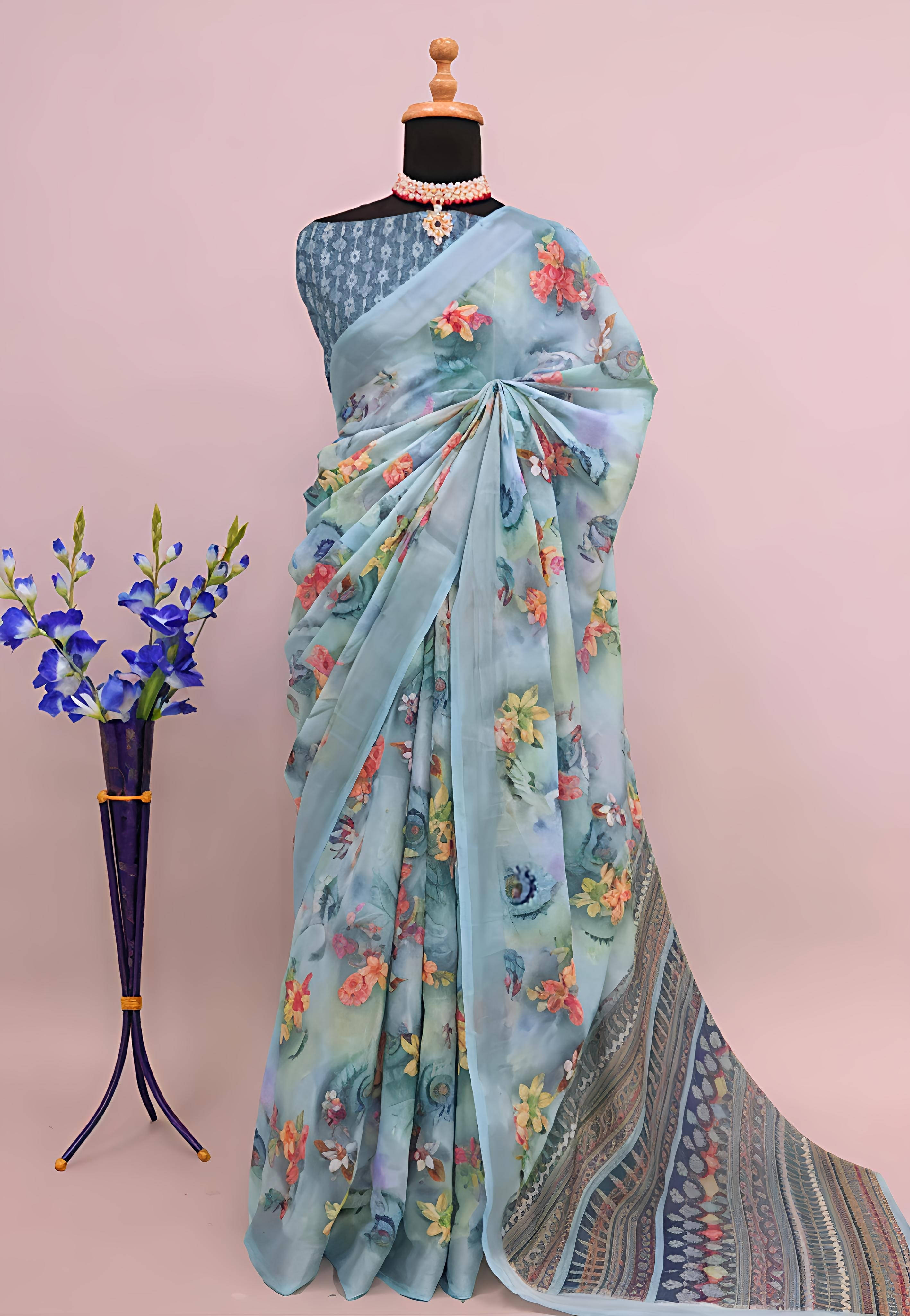 Grubstaker Cotton Blend Printed Regular Saree With Unstitched Blouse Piece ( Light Blue ) Grubstaker Cotton Blend Printed Regular Saree With Unstitched Blouse Piece ( Light Blue )