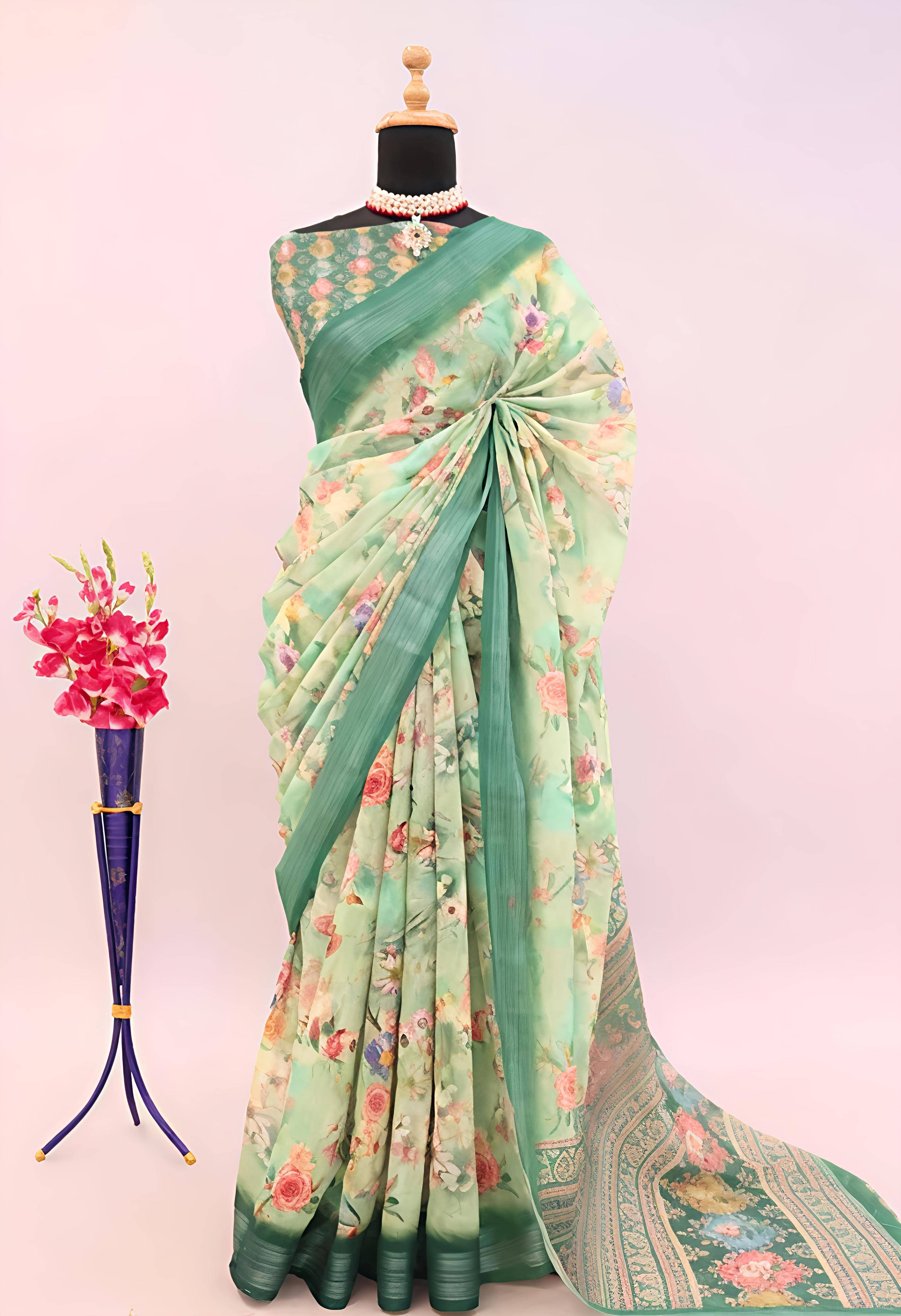 Grubstaker Cotton Blend Printed Regular Saree With Unstitched Blouse Piece ( Green ) Grubstaker Cotton Blend Printed Regular Saree With Unstitched Blouse Piece ( Green )