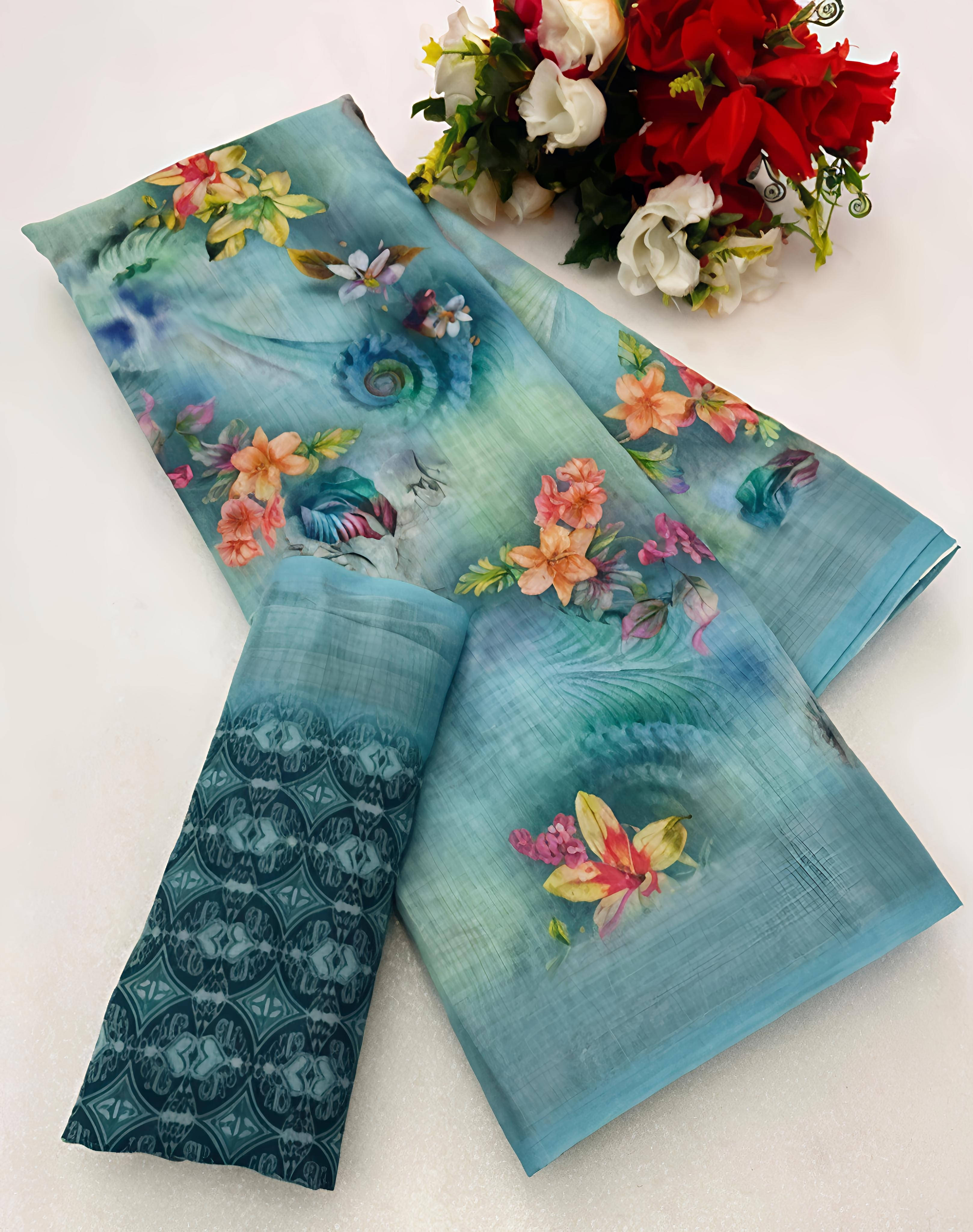 Grubstaker Cotton Blend Printed Regular Saree With Unstitched Blouse Piece ( Light Blue ) Grubstaker Cotton Blend Printed Regular Saree With Unstitched Blouse Piece ( Light Blue )
