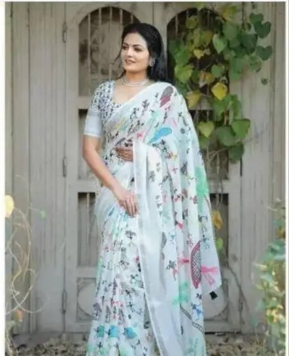 Grubstaker Cotton Blend Printed Regular Saree With Unstitched Blouse Piece ( White ) Grubstaker Cotton Blend Printed Regular Saree With Unstitched Blouse Piece ( White )