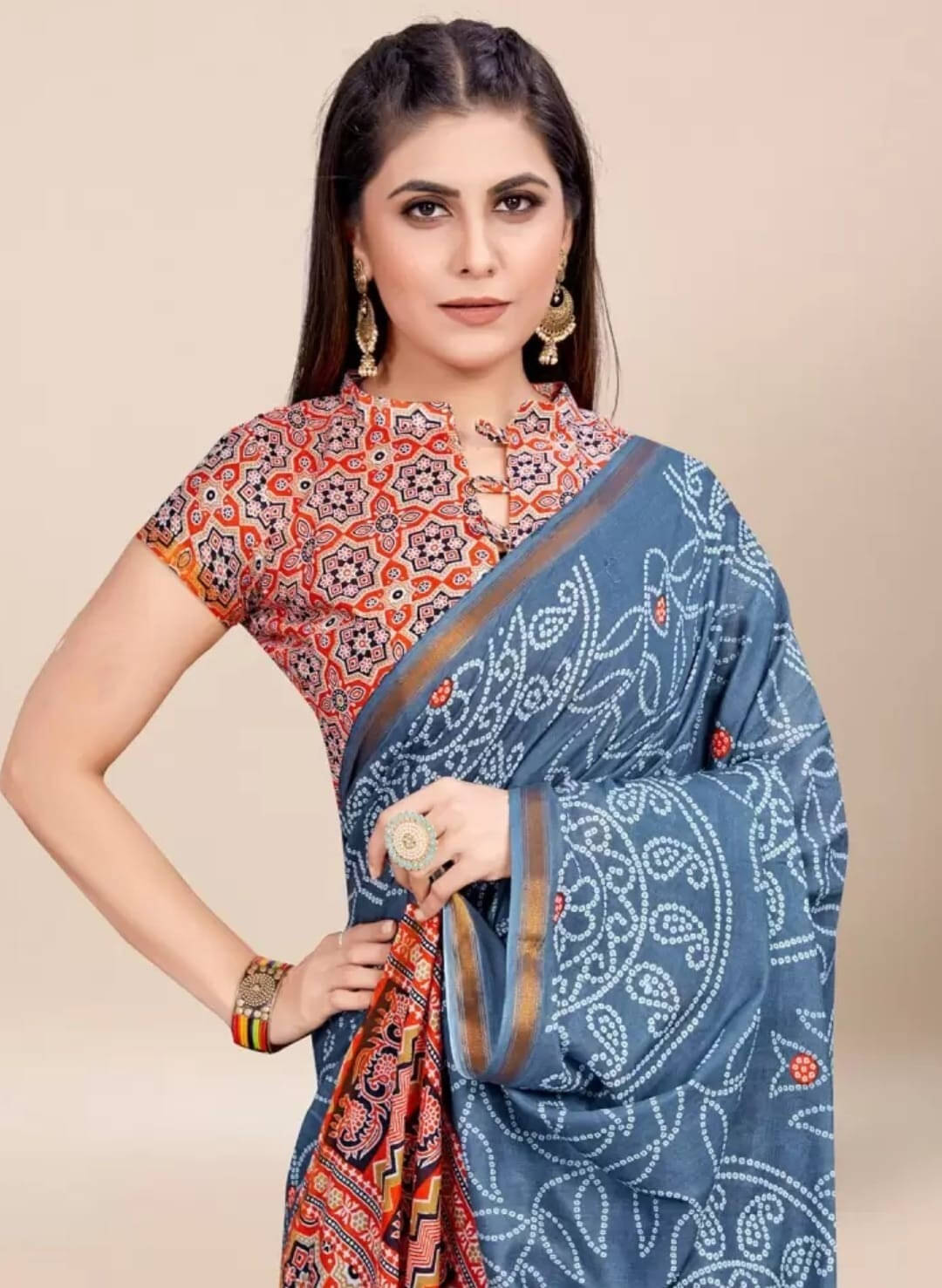 Grubstaker Cotton Blend Printed Regular Saree With Unstitched Blouse Piece ( Multicolor ) Grubstaker Cotton Blend Printed Regular Saree With Unstitched Blouse Piece ( Multicolor )