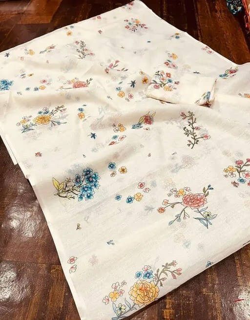 Grubstaker Cotton Blend Printed Regular Saree With Unstitched Blouse Piece ( White ) Grubstaker Cotton Blend Printed Regular Saree With Unstitched Blouse Piece ( White )