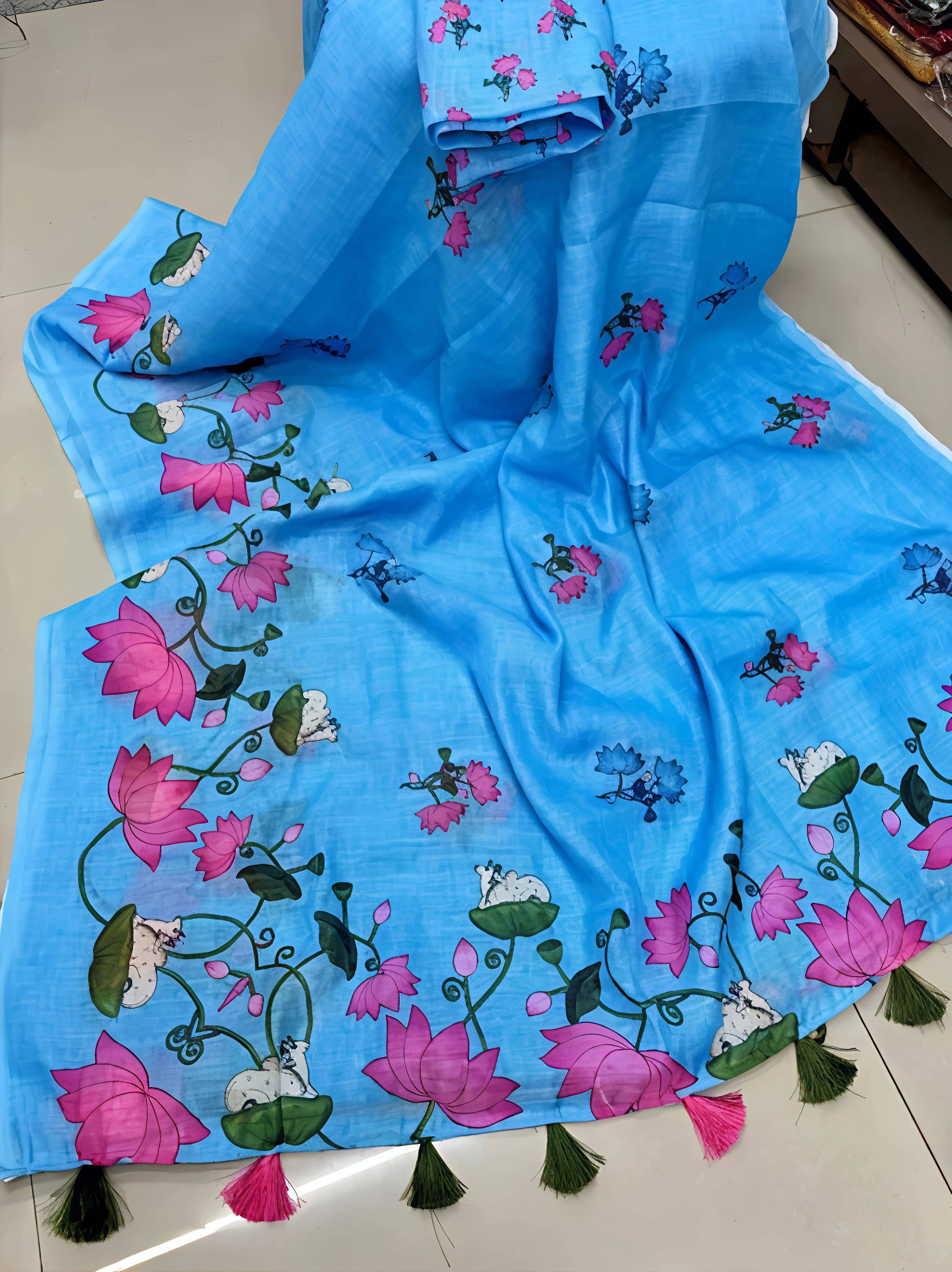 Grubstaker Cotton Blend Printed Regular Saree With Unstitched Blouse Piece ( Light Blue ) Grubstaker Cotton Blend Printed Regular Saree With Unstitched Blouse Piece ( Light Blue )